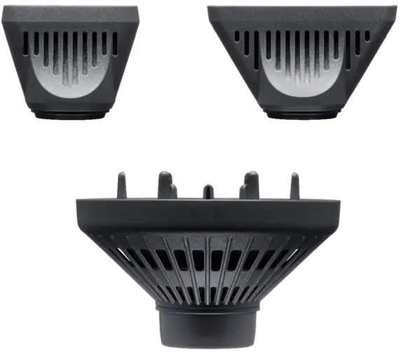 Drei schwarze Haartrockneraufsätze. Zwei sind abgewinkelt, einer zylindrisch. Alle haben ein Netzdesign.