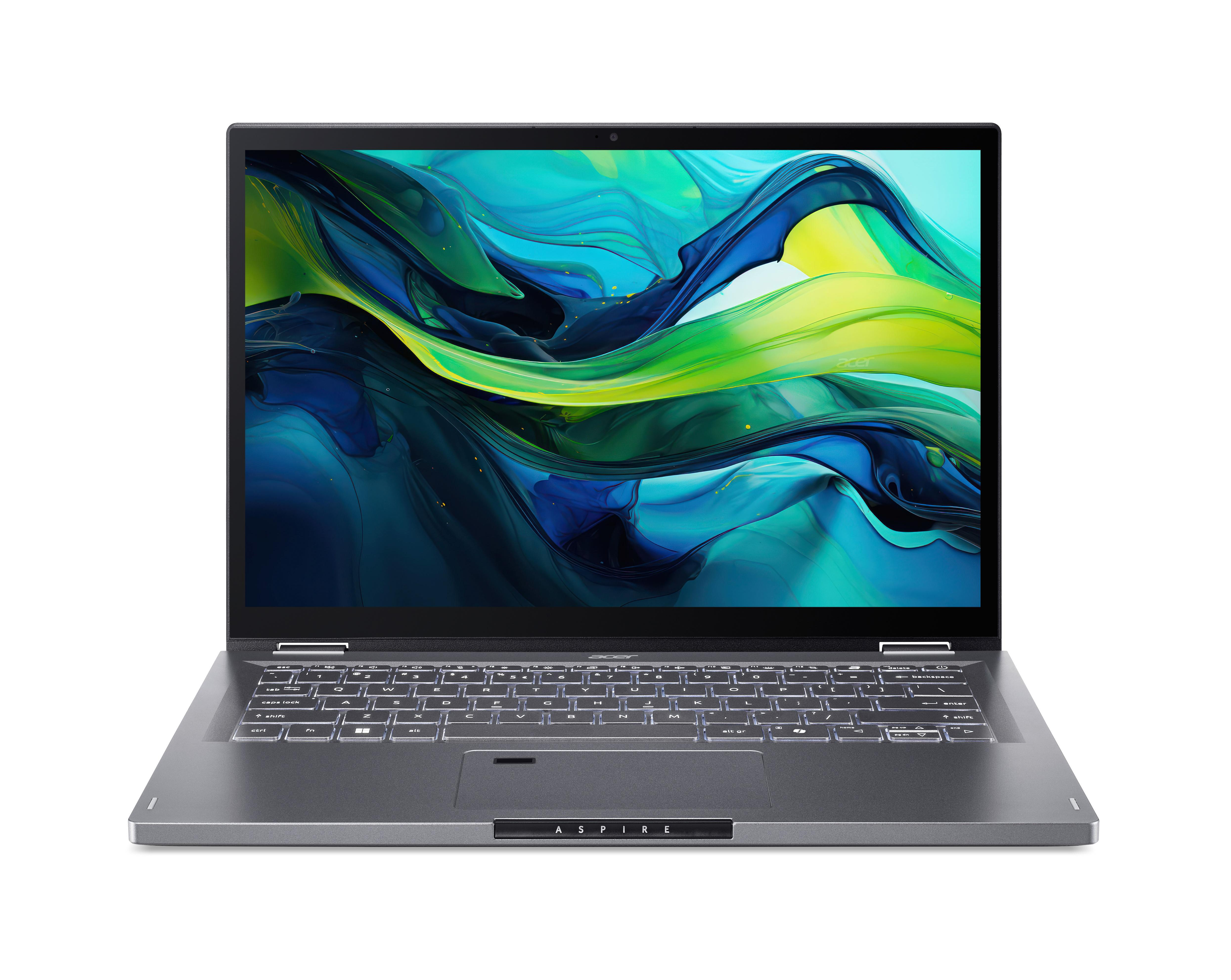 Ein grauer Laptop ist geöffnet und zeigt einen Bildschirm. Tastatur und Touchpad sind sichtbar.