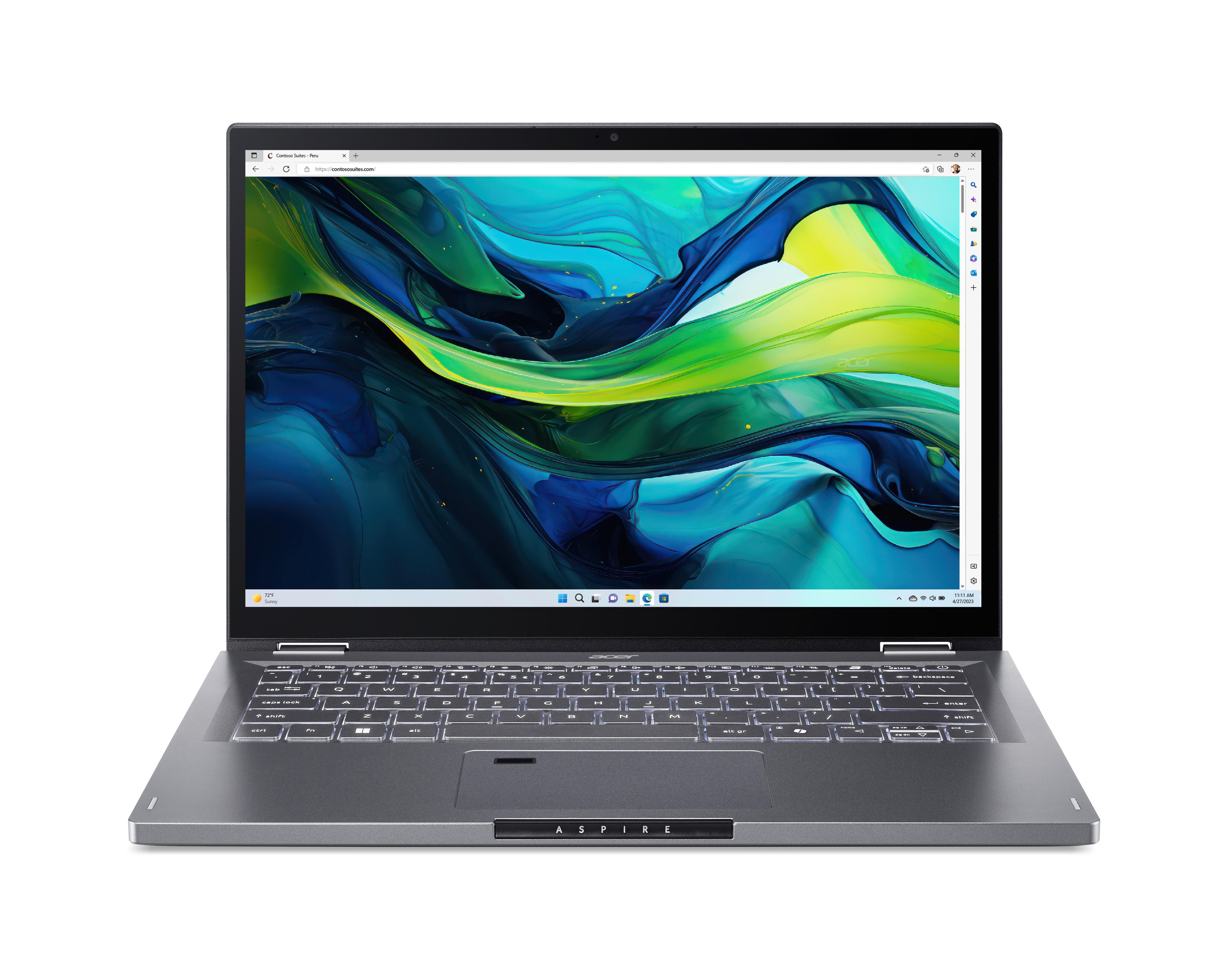 Geöffneter Laptop mit einem Bildschirm, der eine Webseite, eine Tastatur und ein Trackpad zeigt.