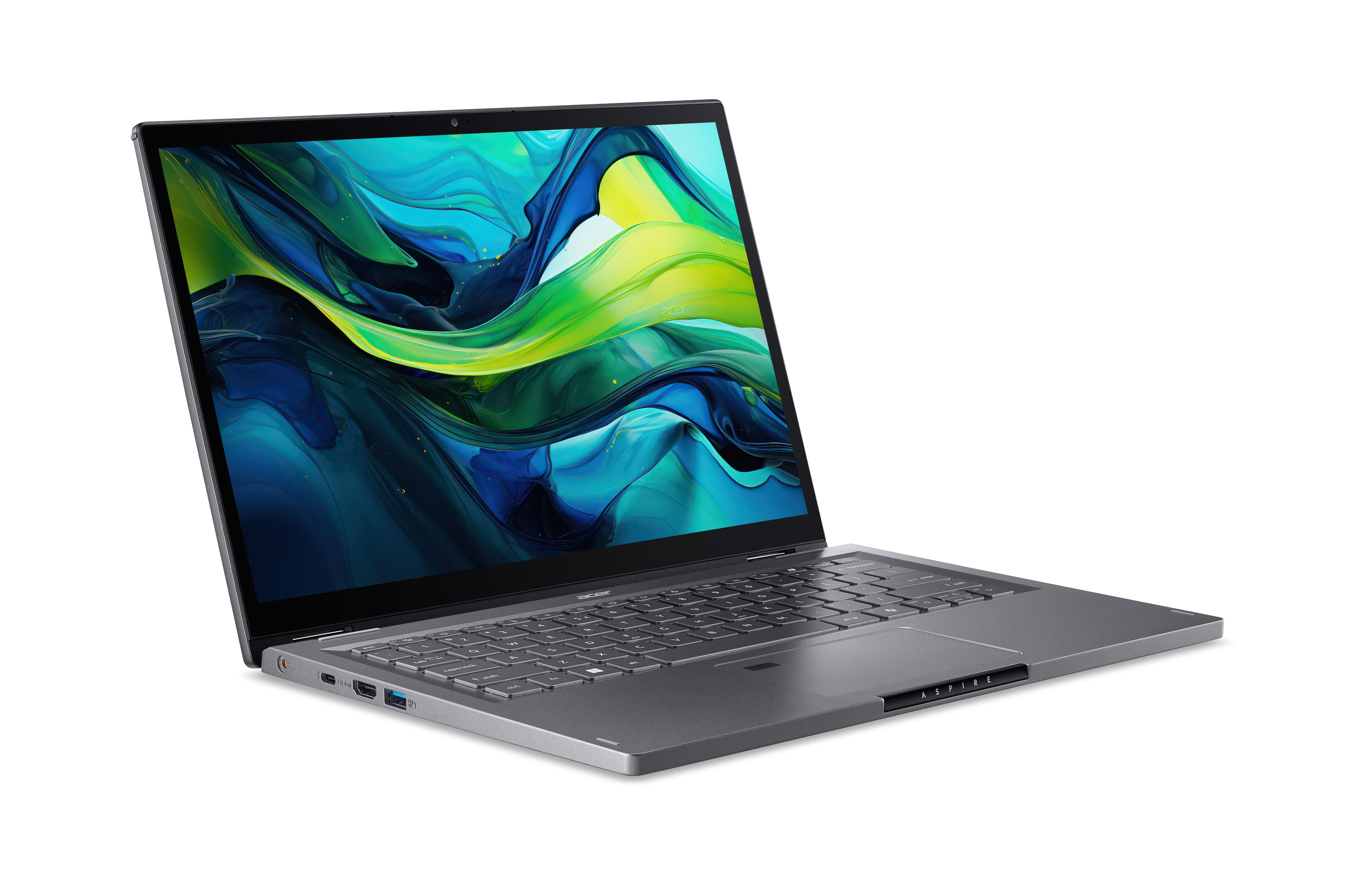 Ein Laptop mit silbernem Gehäuse ist geöffnet und zeigt eine farbenfrohe abstrakte Kunst auf weißem Hintergrund.