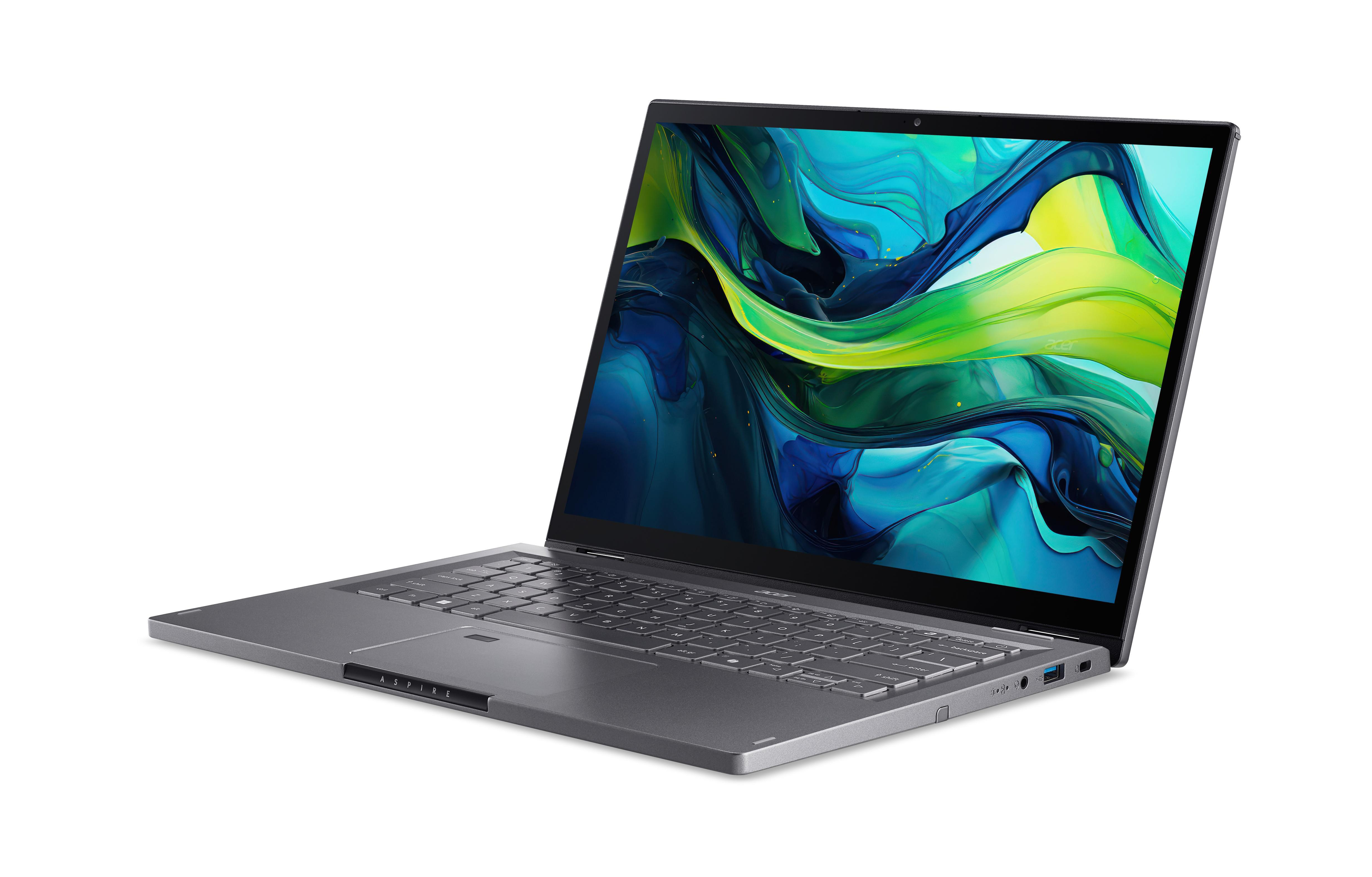 Grauer Laptop auf weißem Hintergrund. Geöffnet, zeigt Bildschirm mit Grün, Blau und Gelb.