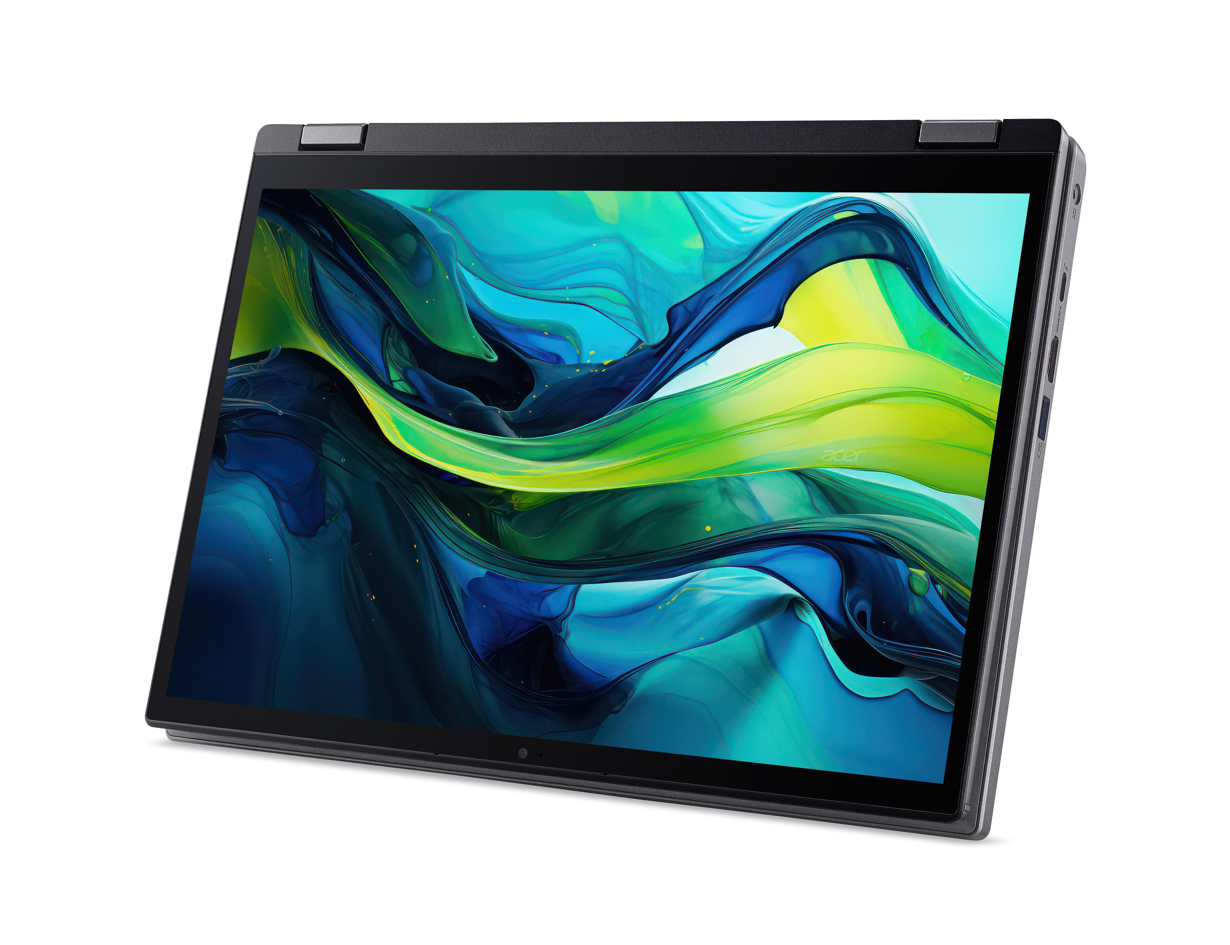 Ein schwarzer Acer-Laptop, der geöffnet ist, um ein farbenfrohes Display vor weißem Hintergrund zu zeigen.
