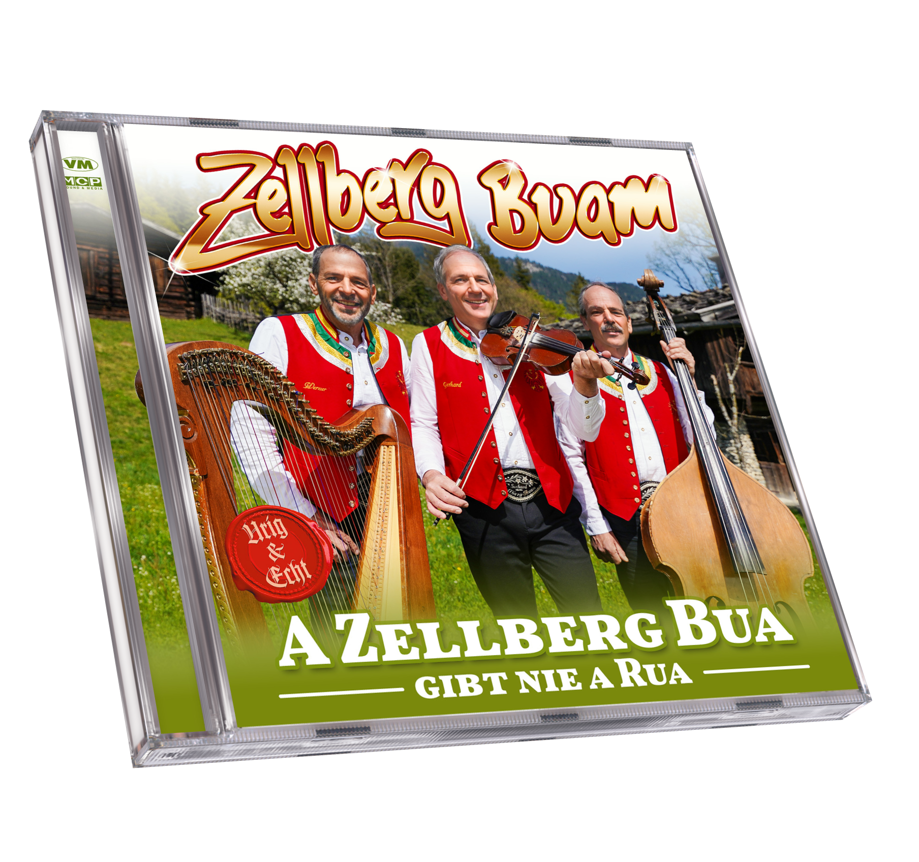 CD-Cover mit drei Männern in Trachten, die Instrumente spielen, mit Text und Bergkulisse.