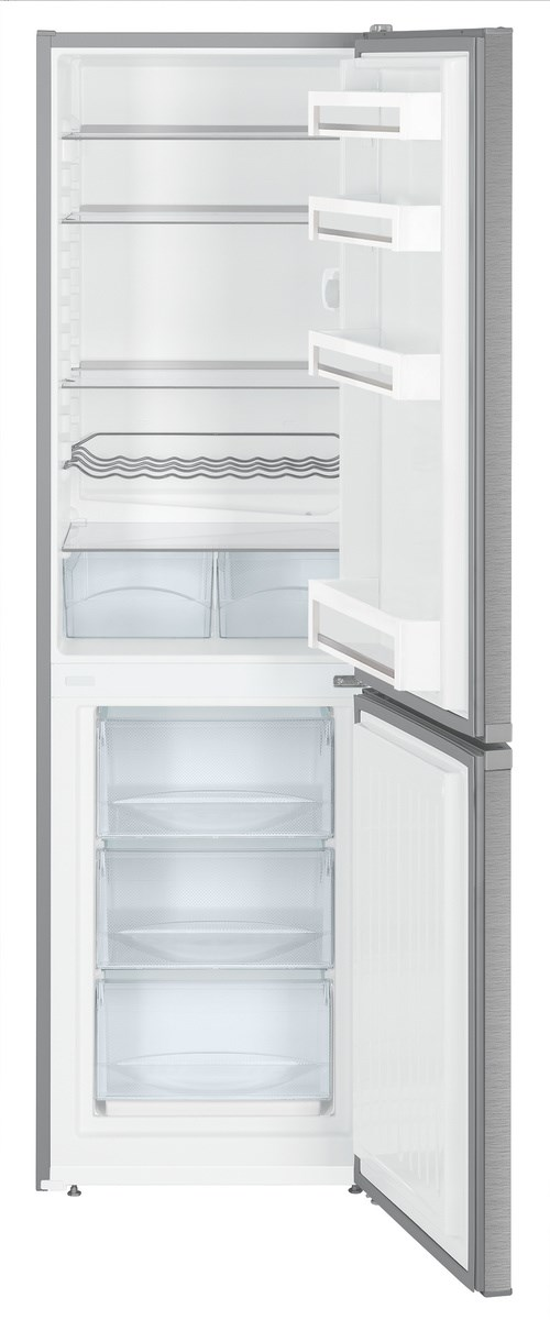 Kühlschrank mit offener Tür, zeigt Regale, Schubladen und Inhalt.