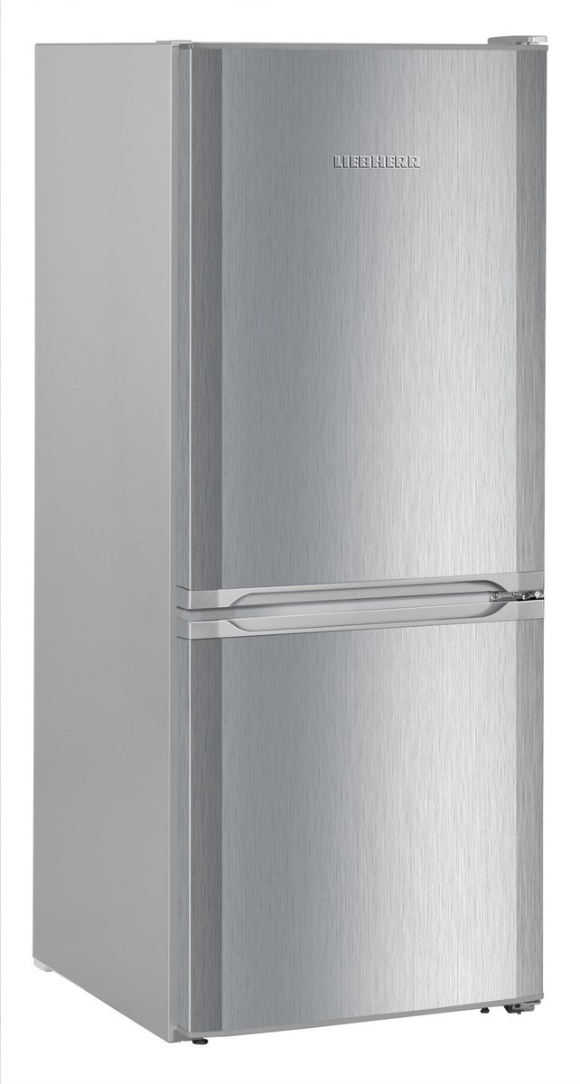Silberner Kühlschrank mit Griff und dem Liebherr-Logo.