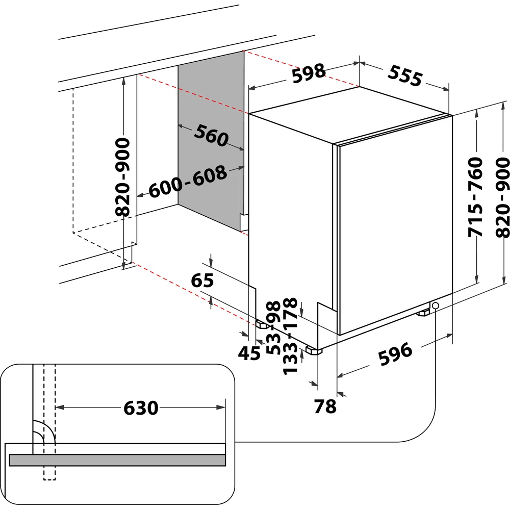 Diagramma di una lavastoviglie con dimensioni. Le misure includono altezza, larghezza e profondità, con una vista dettagliata.