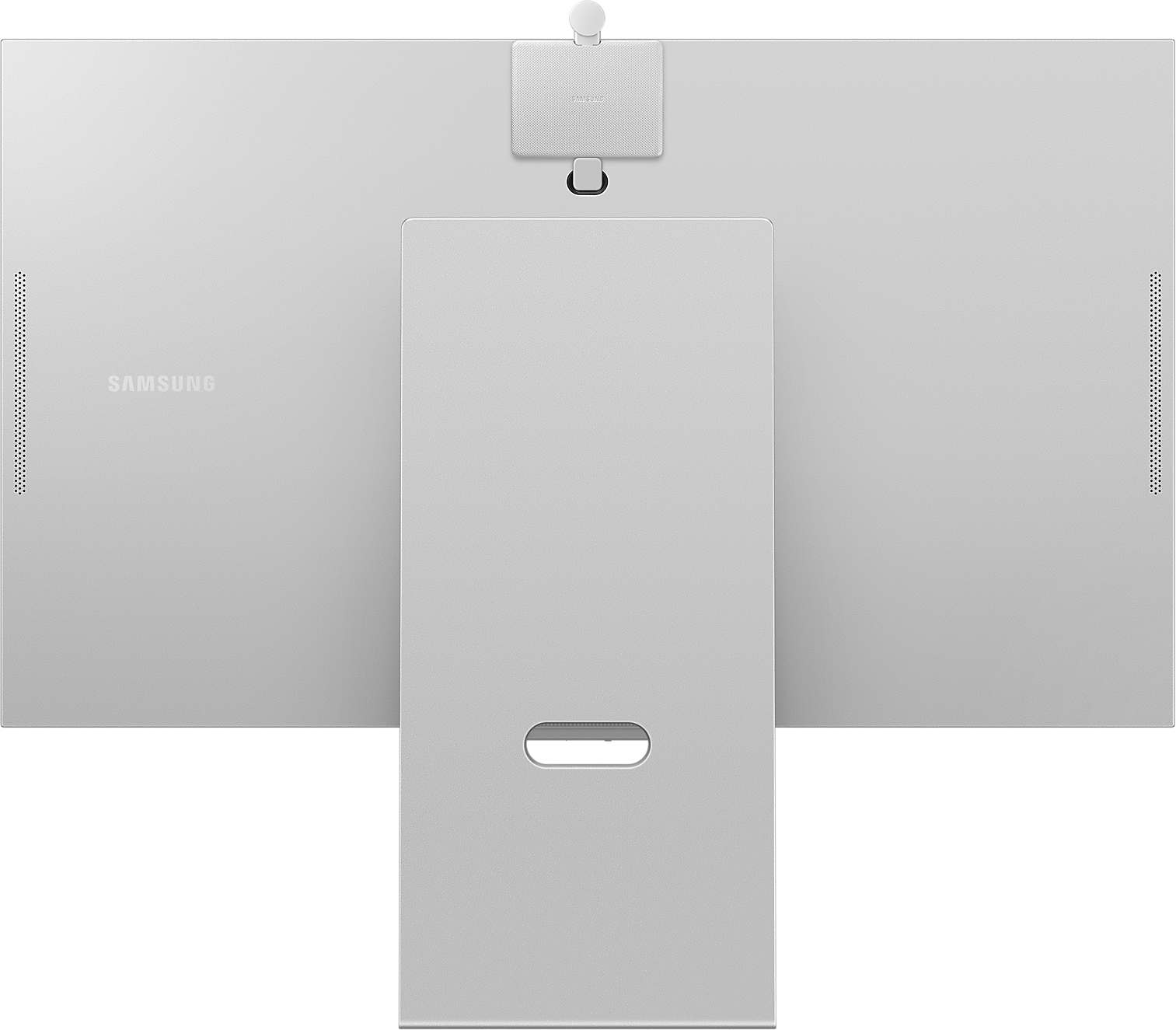 Világosszürke Samsung monitor hátulja. Felül kamera, középen állvány és oldalt hangszórólyukak találhatók.