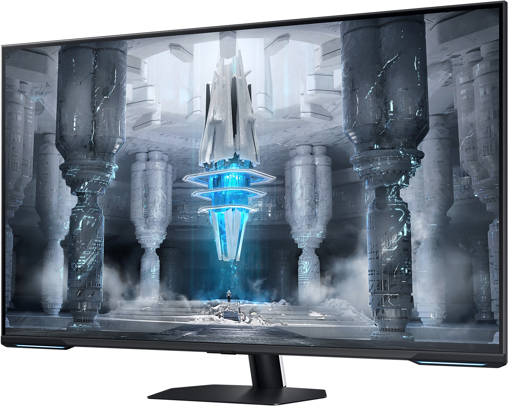 Egy gamer monitor egy futurisztikus, fehér és kék belső teret jelenít meg.