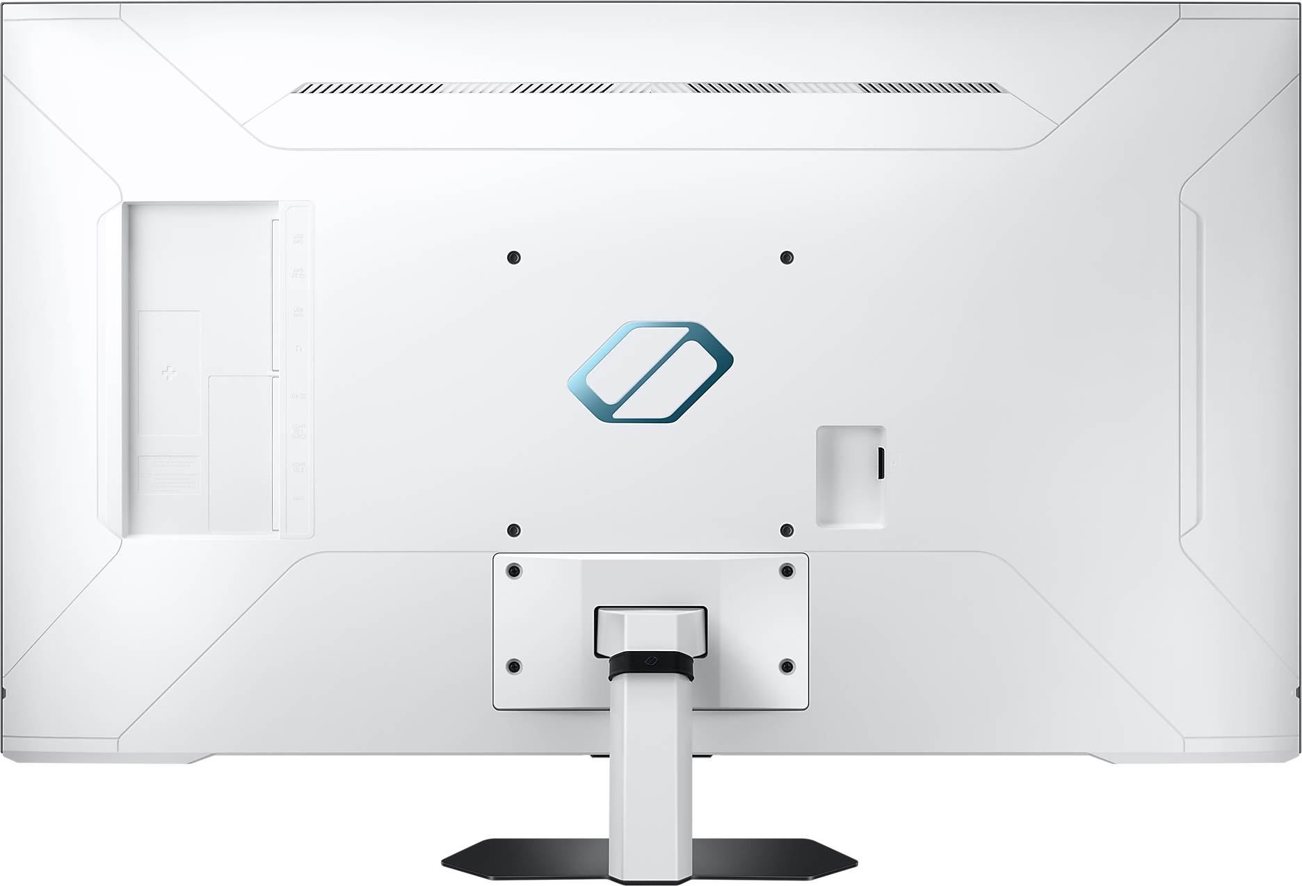 Fehér gaming monitor hátulja, állvánnyal.