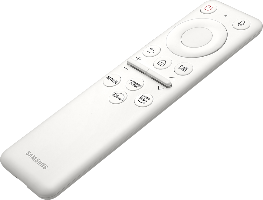 Fehér Samsung TV távirányító Netflix, Disney+, Prime Video és egyéb funkciók gombjaival.