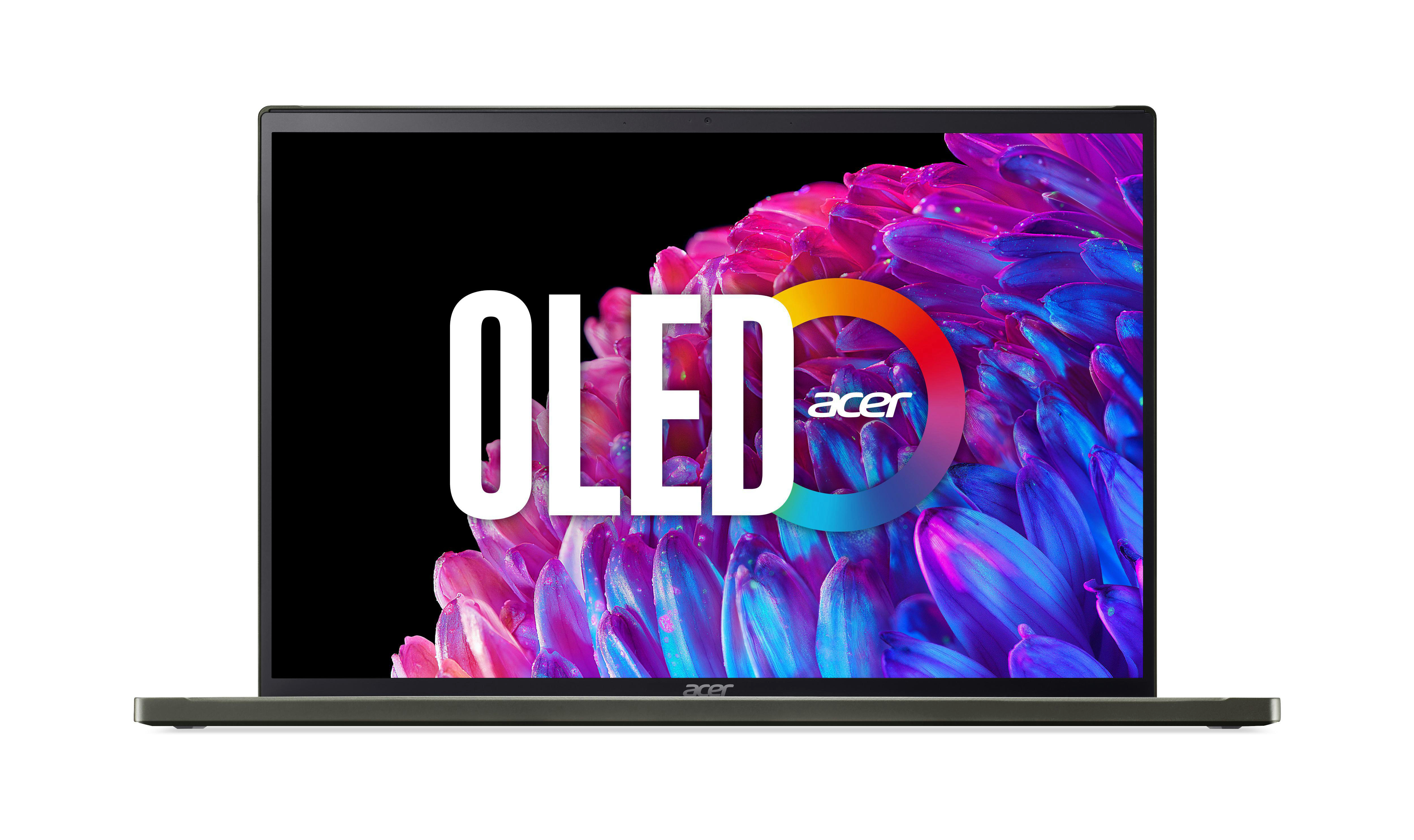 Laptop-Bildschirm mit hellem OLED-Display, das 'OLED' und das Markenlogo zeigt.
