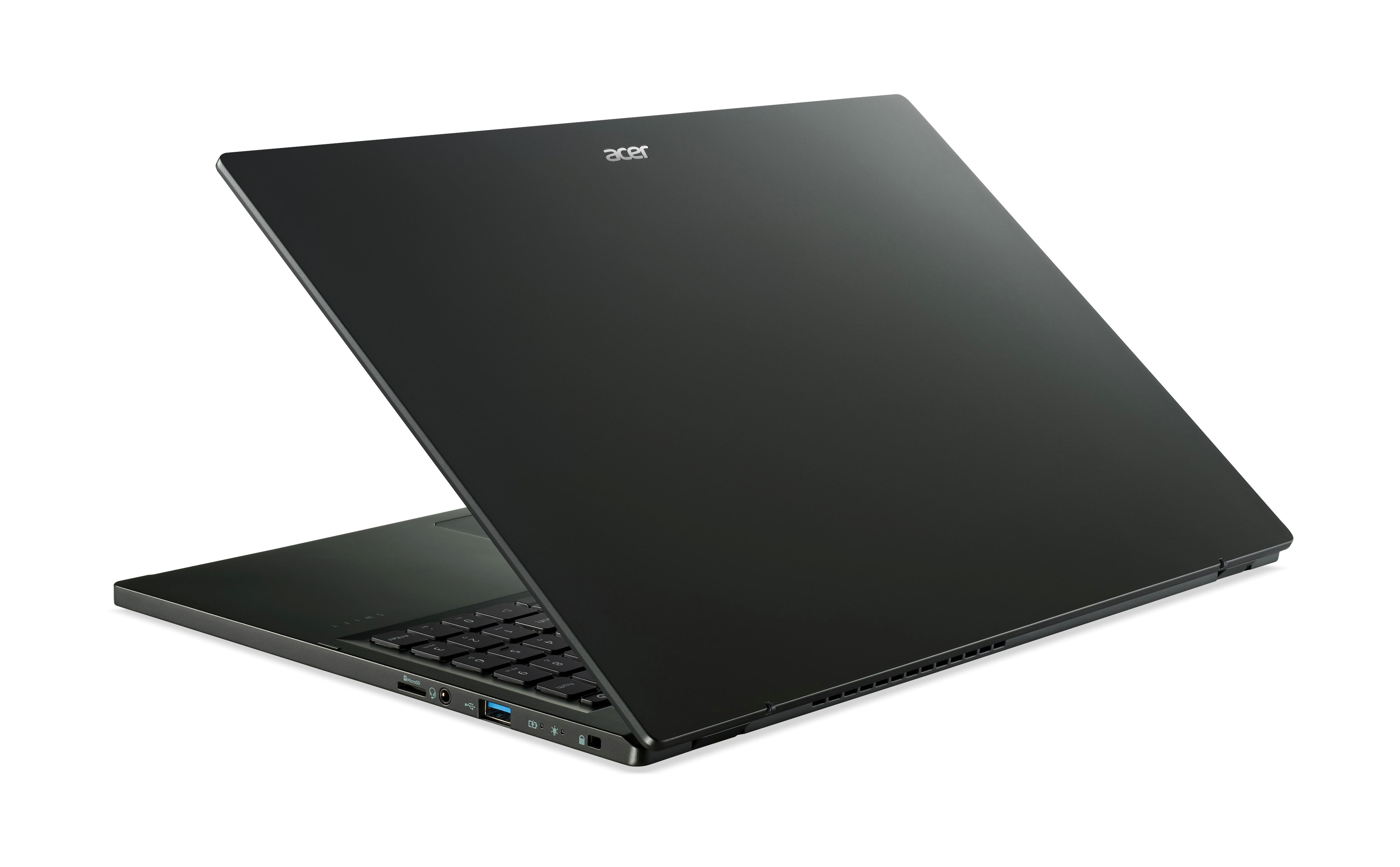Schwarzer Laptop von hinten mit geöffnetem Deckel.