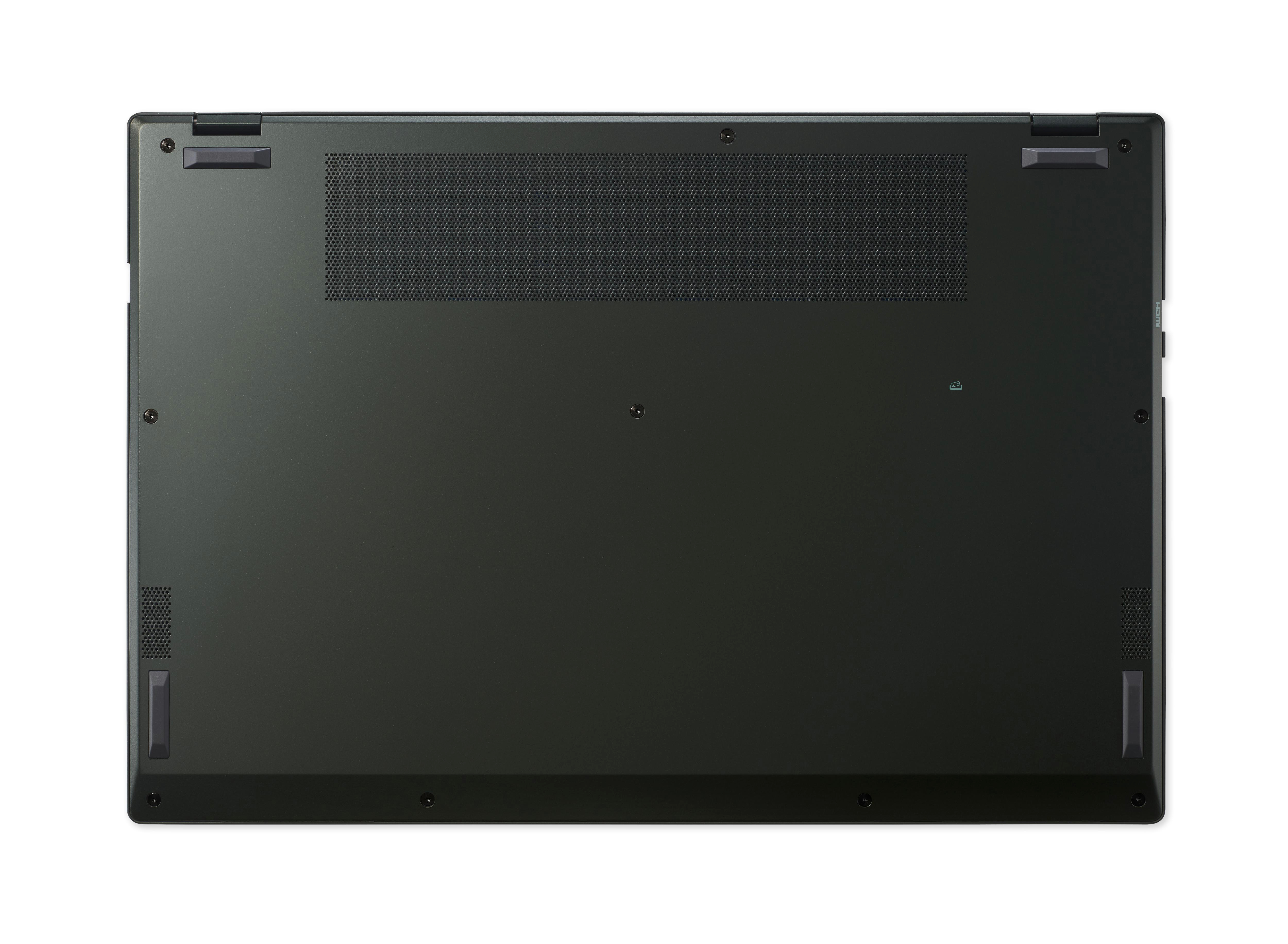 Unterseite eines Laptops, dunkelgrau, mit Lüftungsschlitzen und Schrauben.