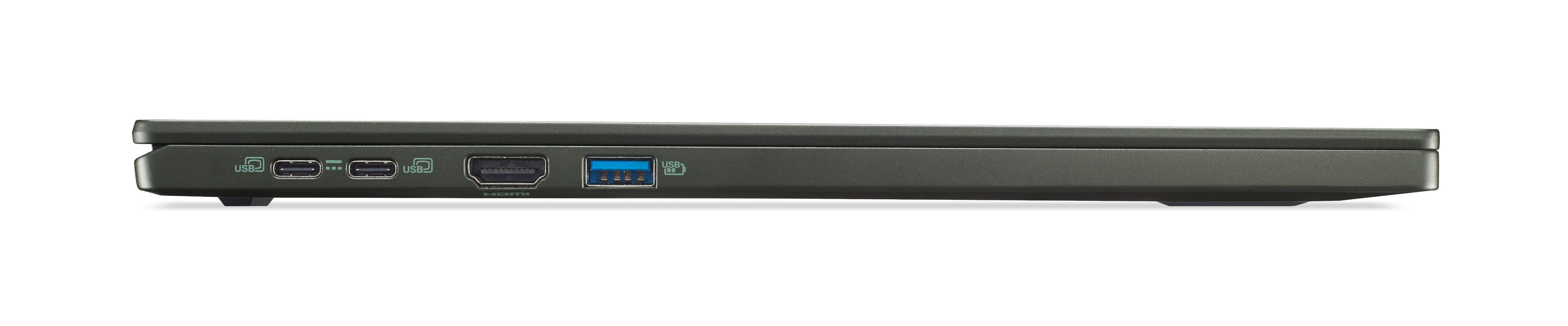 Seitenansicht eines dunklen Laptops mit Anschlüssen: USB, HDMI und andere.