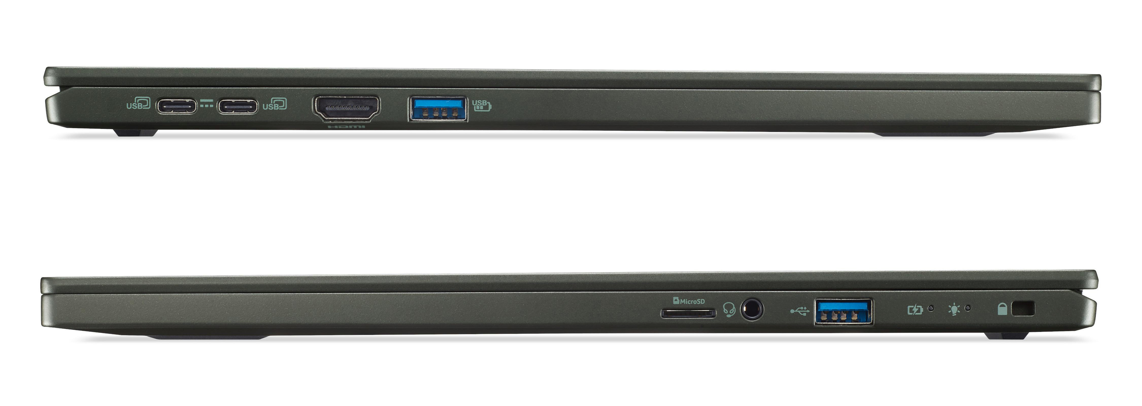 Zwei Laptops nebeneinander, mit sichtbaren Anschlüssen an den Seiten.