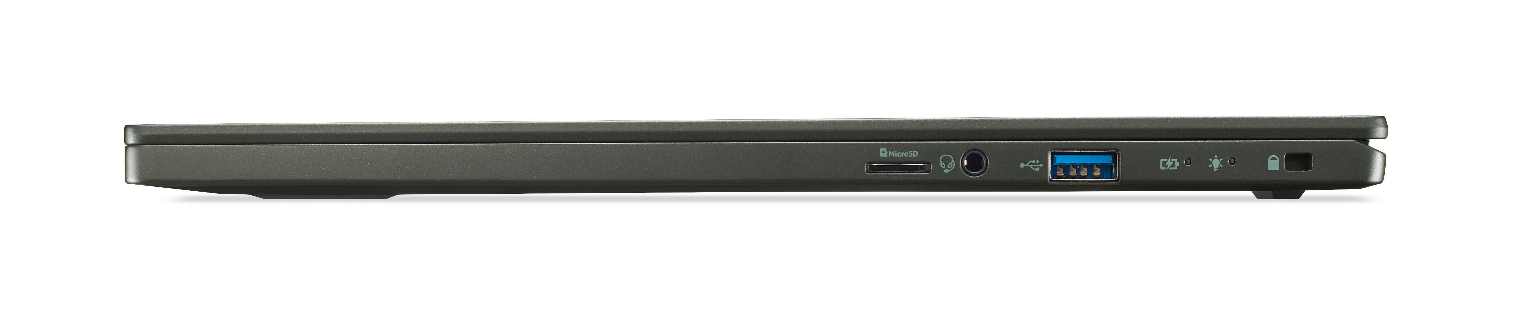 Seitenansicht eines Laptops mit Anschlüssen. Enthält USB, Audioanschluss und HDMI.