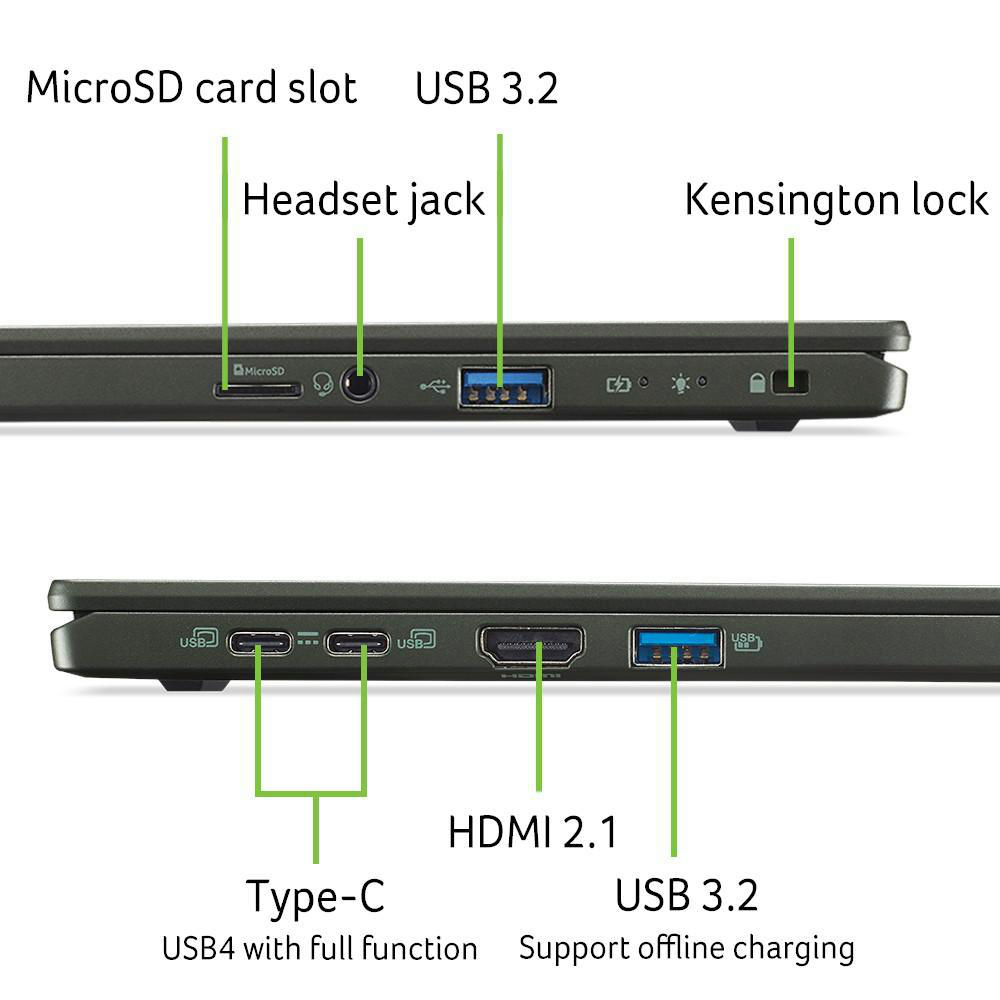 Nahaufnahme der Laptopseite mit Anschlüssen: microSD, Kopfhöreranschluss, USB 3.2, Kensington-Schloss, Typ-C, HDMI 2.1 und USB 3.2.