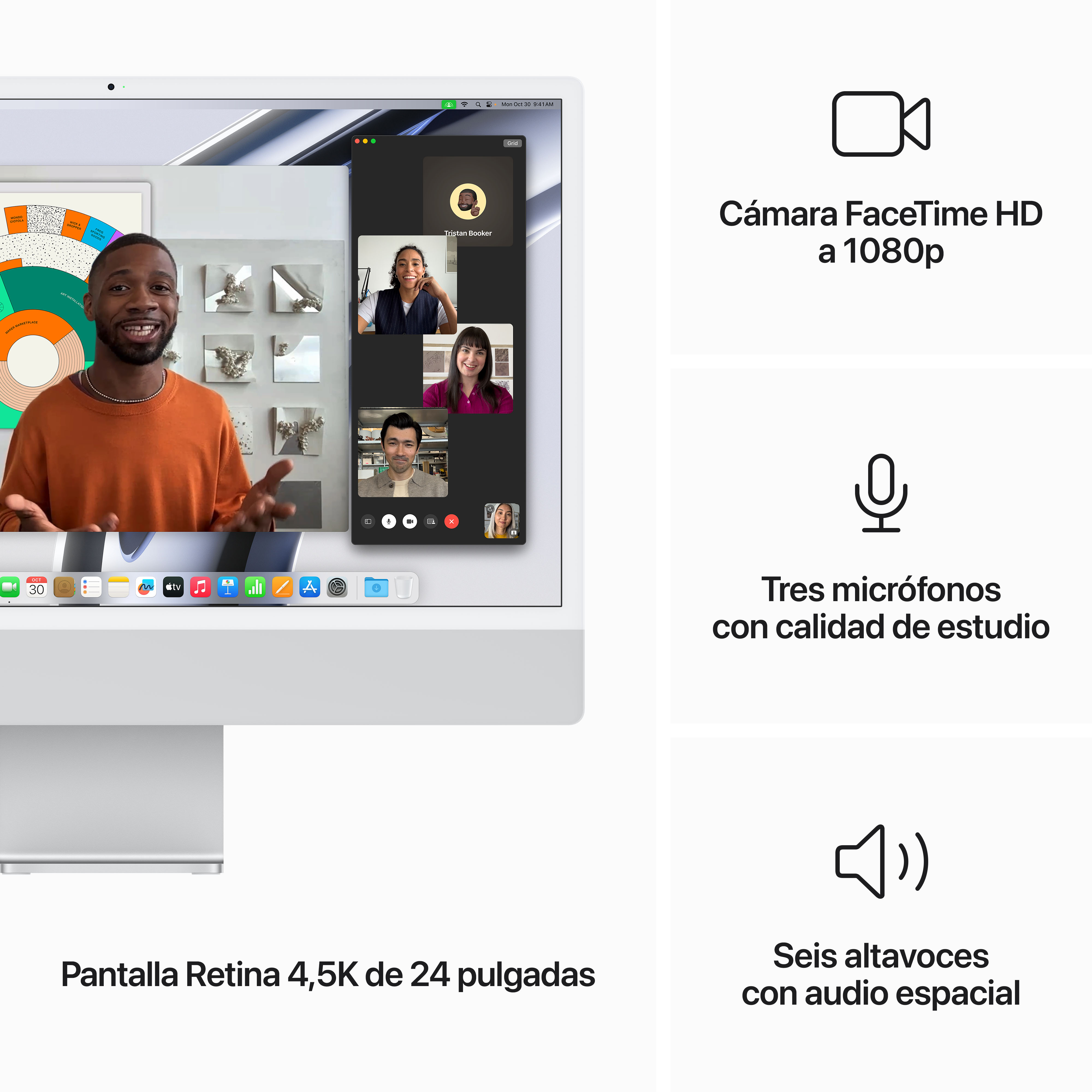 Una pantalla de ordenador con videollamada e iconos con descripciones de funciones.