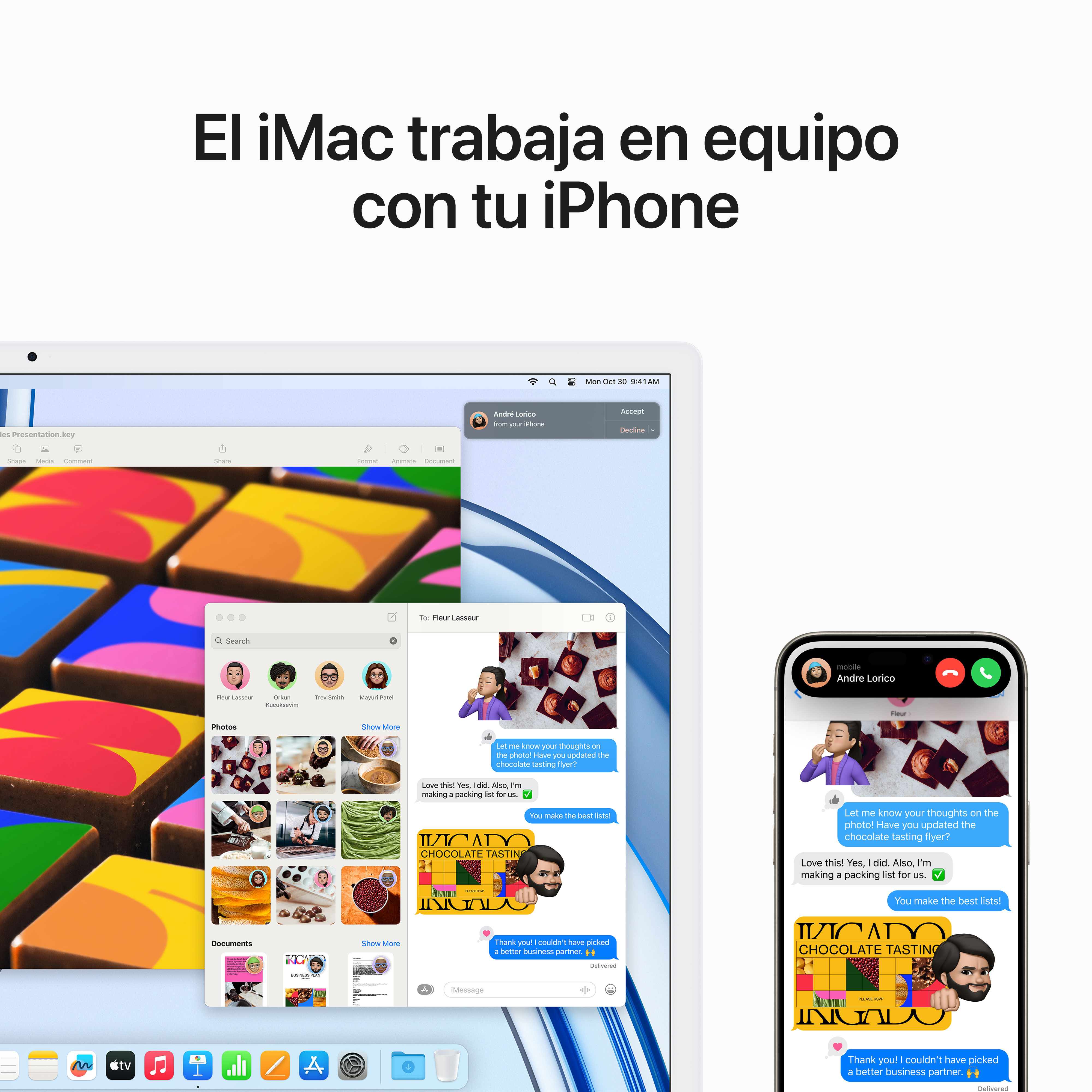 Un iMac muestra un documento y un iPhone muestra mensajes, ambos conectados.