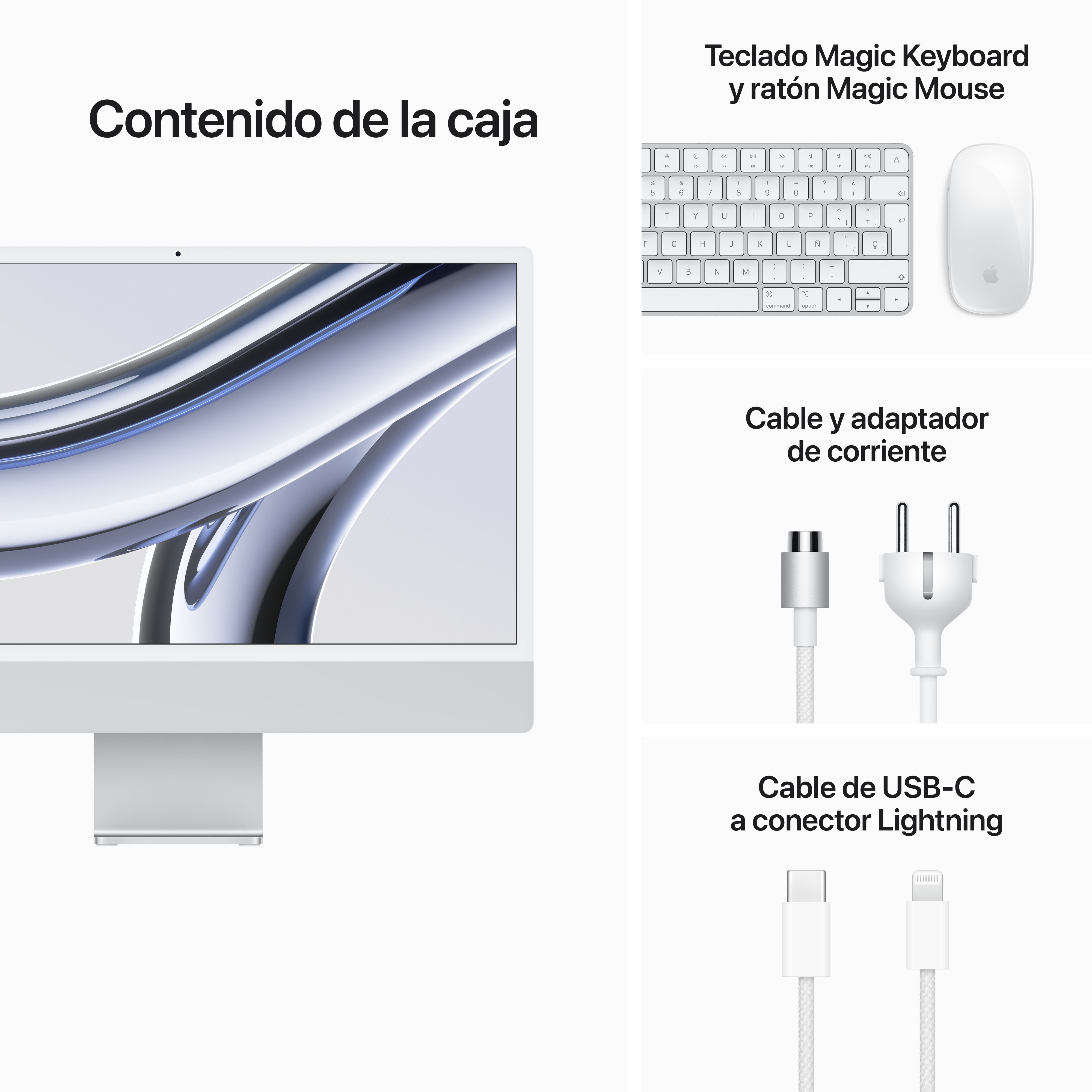 Un iMac con teclado y ratón, más cables, sobre un fondo blanco.