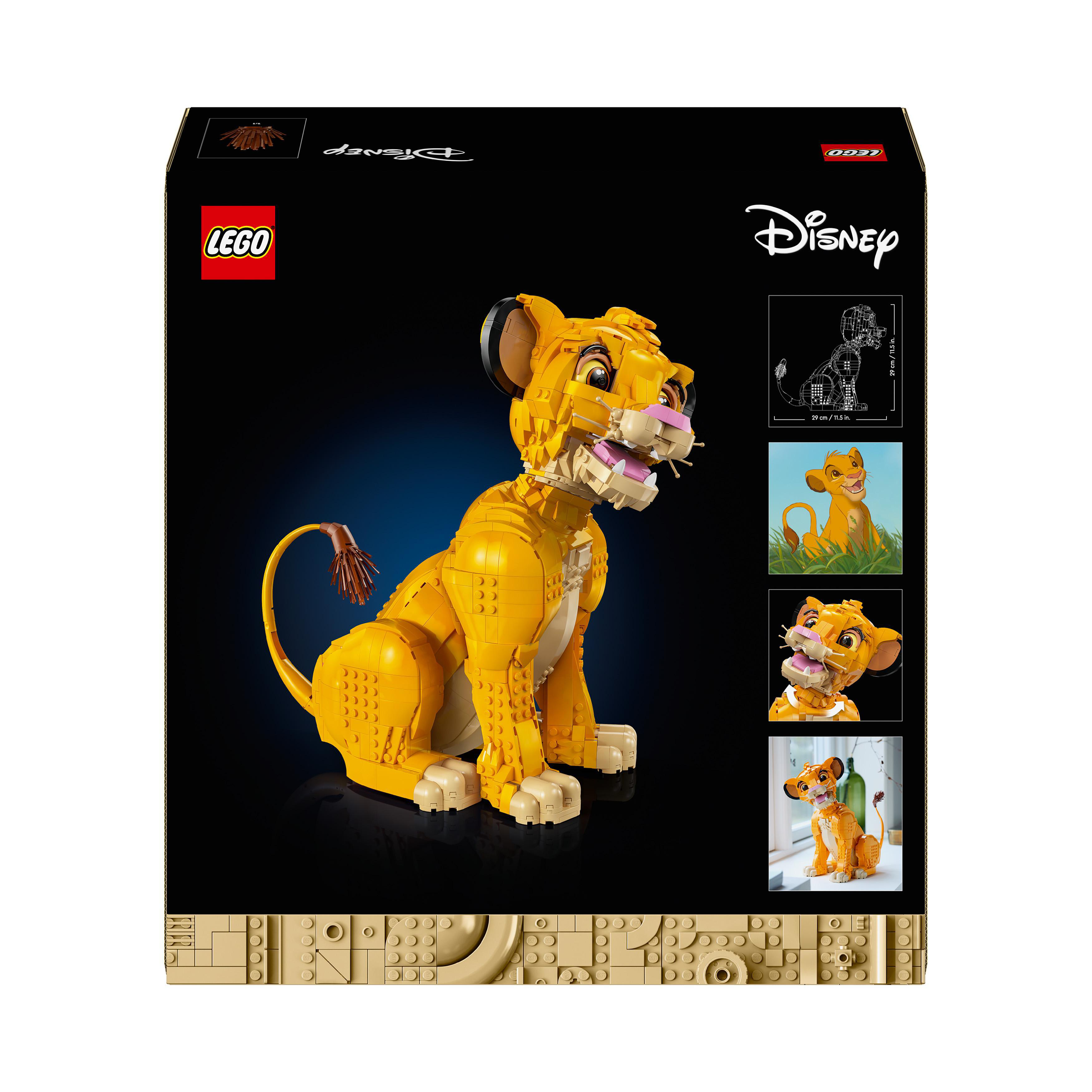 Eine Lego-Box mit einem Lion King Simba-Modell. Die Box hat einen schwarzen Hintergrund.