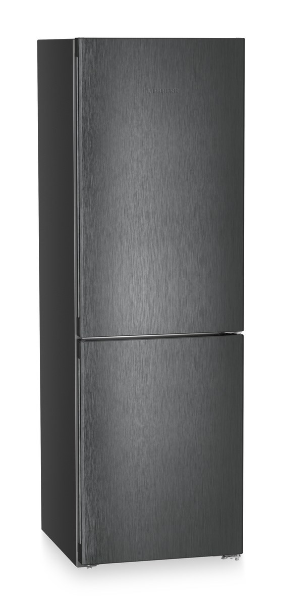 Schwarzer Kühlschrank mit zwei Türen und silbernem Griff.