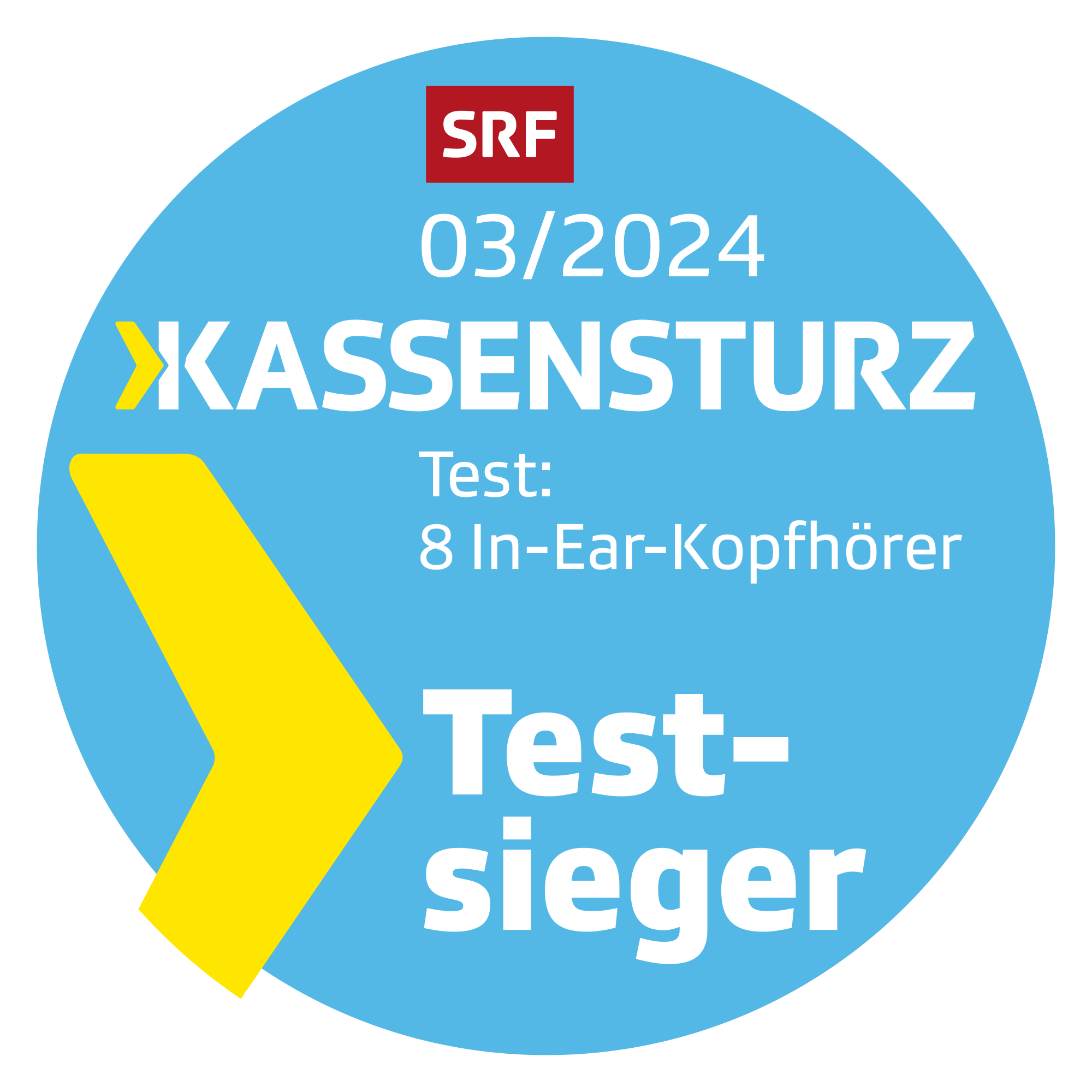 Ein rundes Abzeichen mit Text. Es steht 'Kassensturz Test' und 'Test-Sieger' mit einem gelben Pfeil.