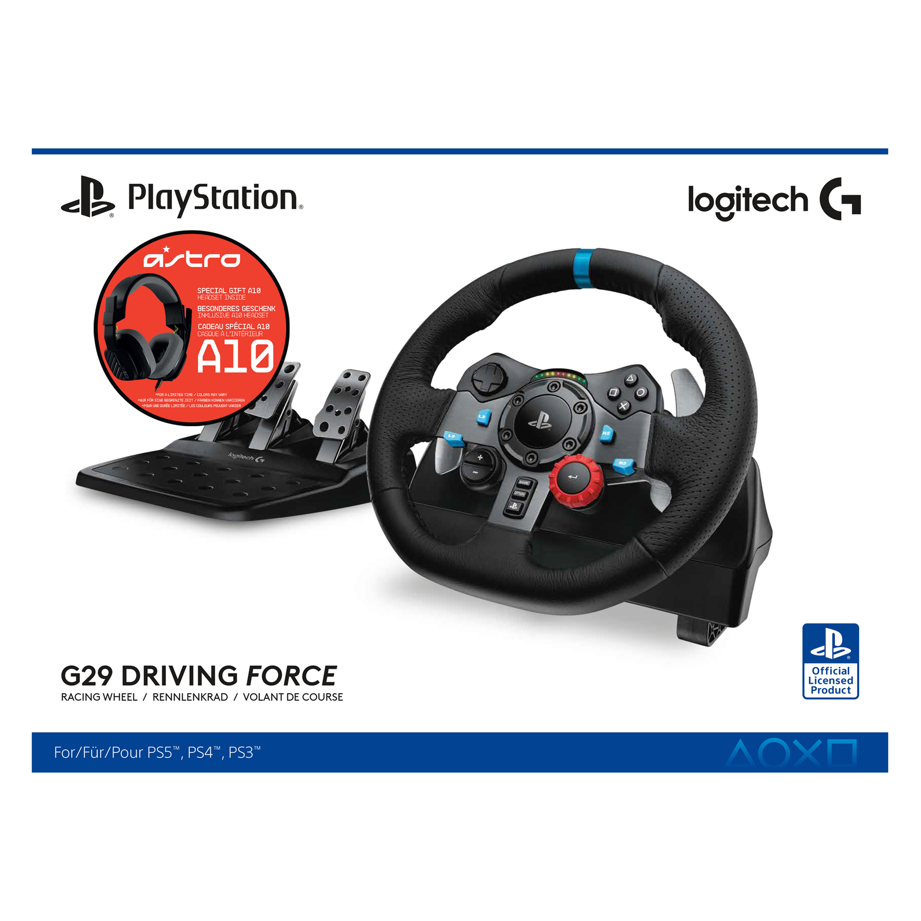 La imagen muestra un volante de carreras Logitech G29 Driving Force, pedales y unos auriculares Astro A10, con la marca PlayStation.