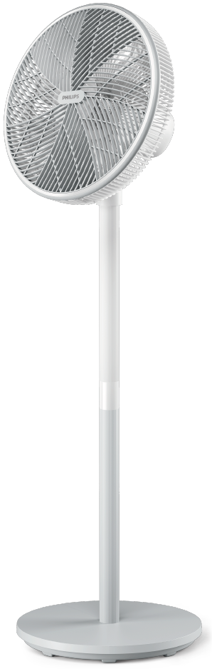 Fehér Philips álló ventilátor kerek alappal és ventilátorfejjel, fehér háttéren.