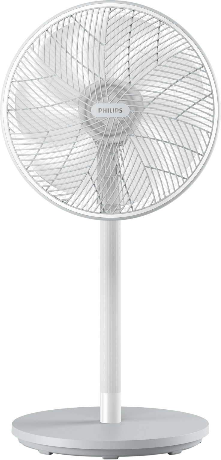 Fehér Philips ventilátor, kör alakú fejjel és fehér állvánnyal, fehér háttéren.