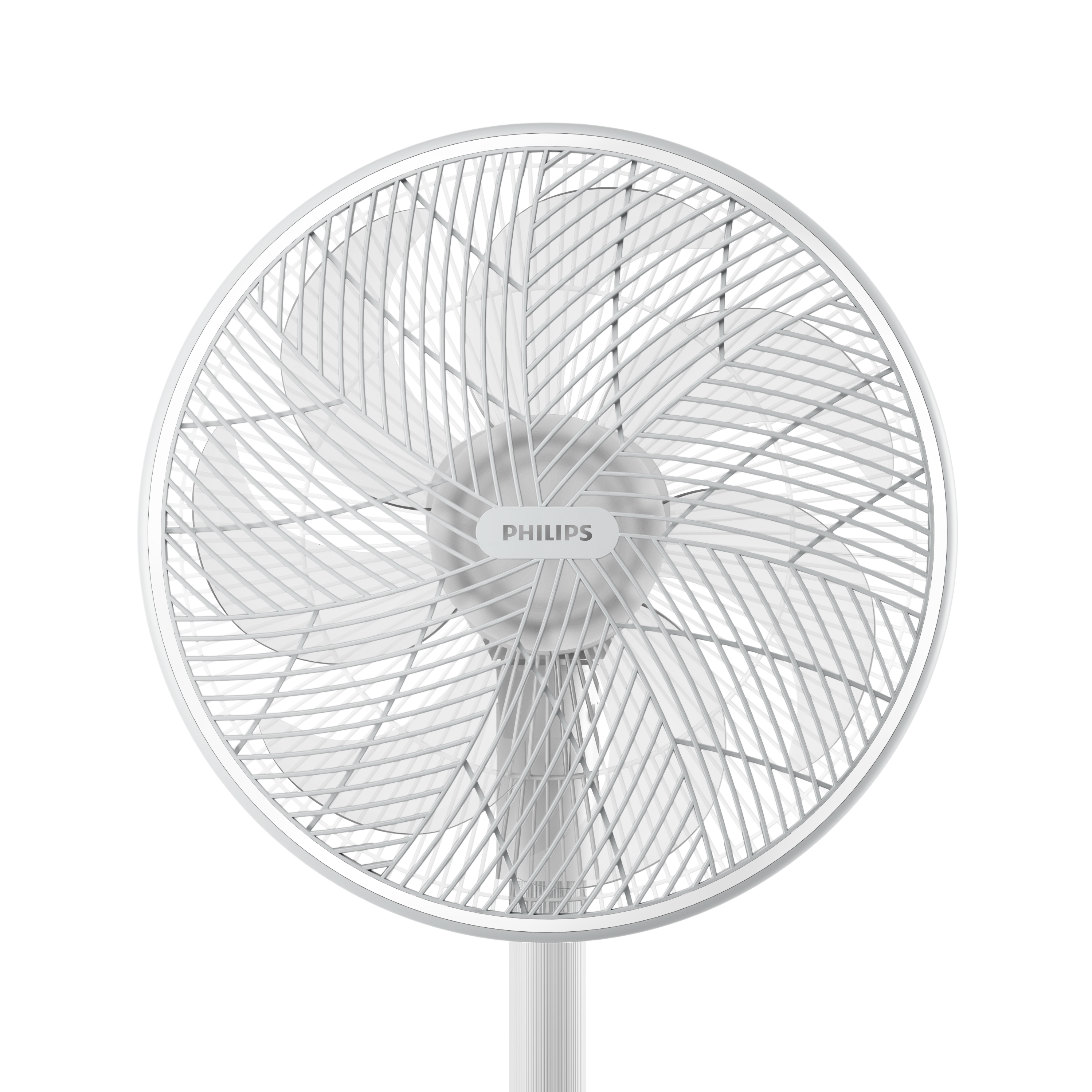 Fehér Philips álló ventilátor, kör alakú fejjel és fehér alappal.
