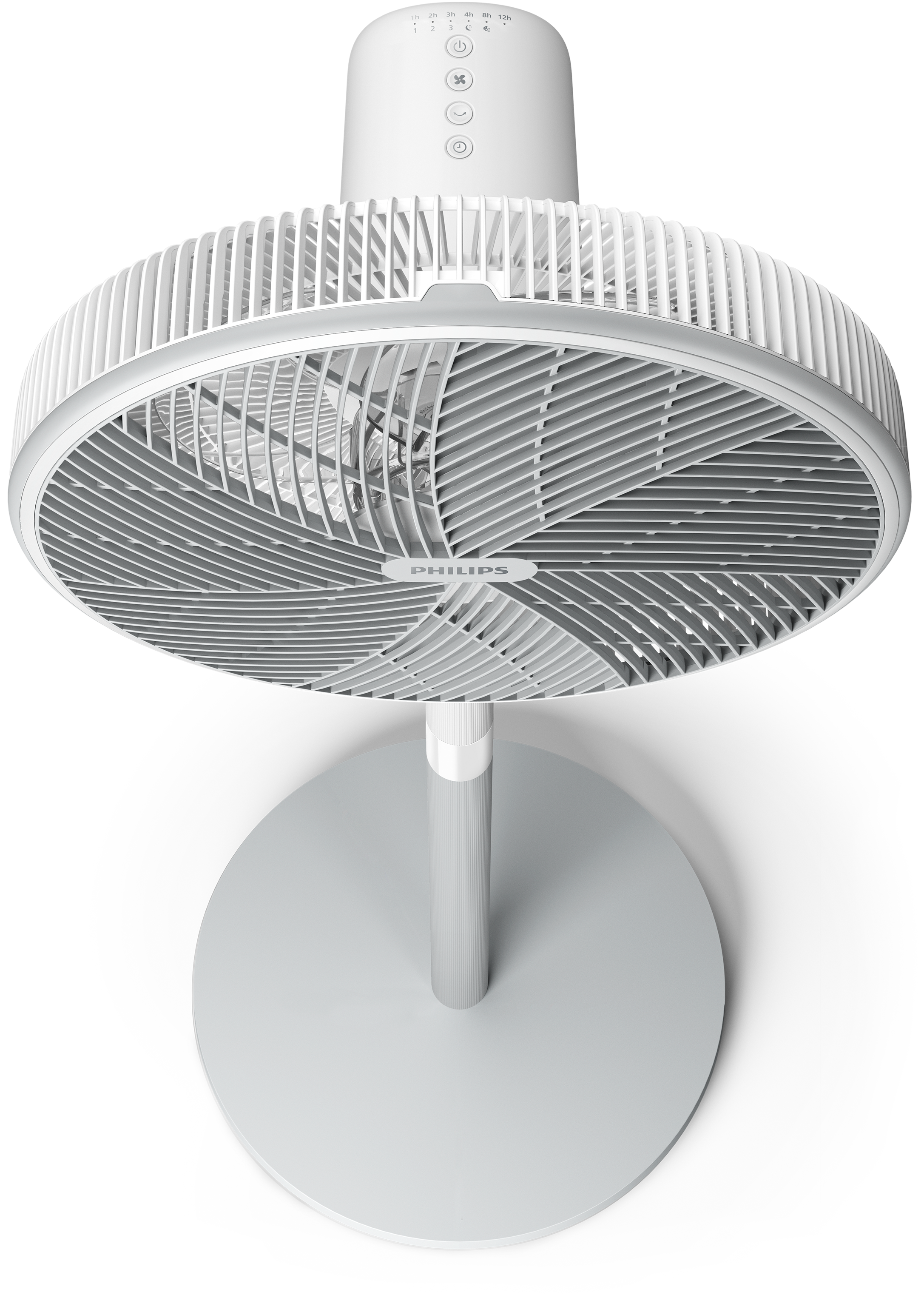Fehér álló ventilátor felülről. Kör alakú ventilátorfej lapátokkal, fehér állvánnyal és alappal fekete háttéren.