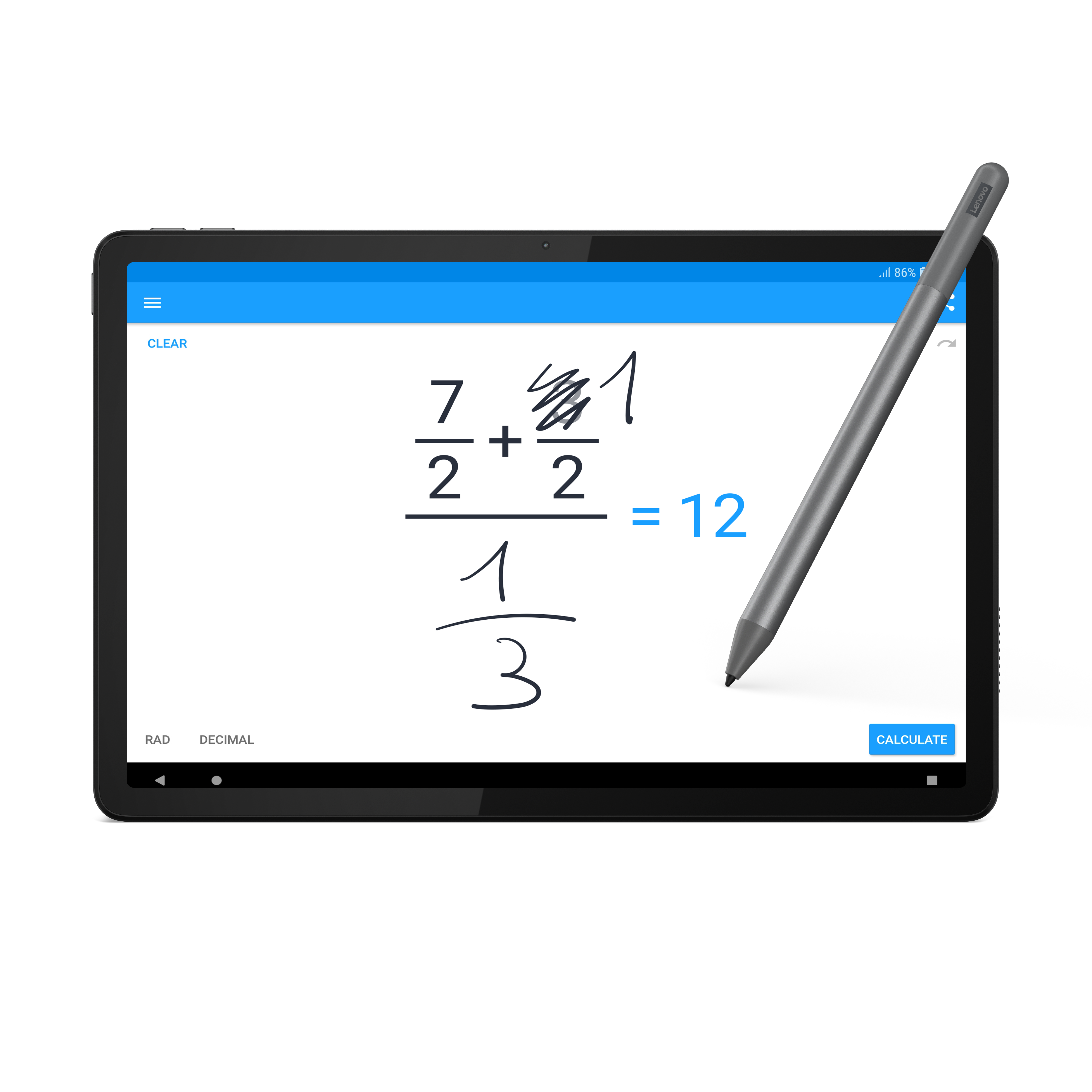 Pantalla de tableta con ecuación matemática y lápiz, sobre fondo blanco.