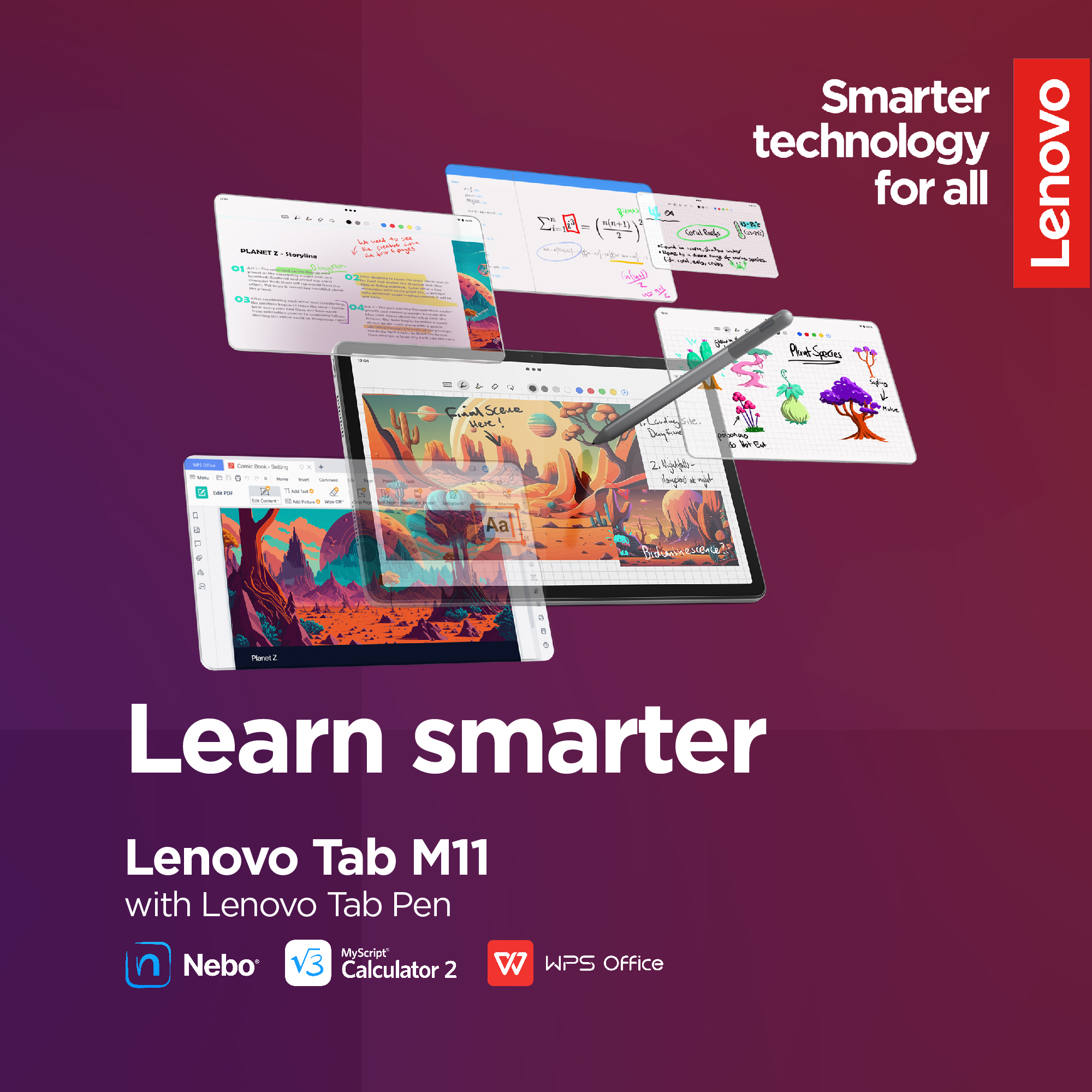 Una tableta Lenovo con un lápiz, que muestra diferentes pantallas y texto que dice aprende más inteligente.