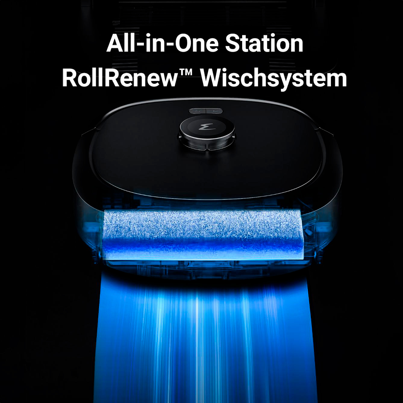 Schwarzer und blauer Roboterstaubsauger. All-in-One-Station mit blauem Licht und Wasserspuren.