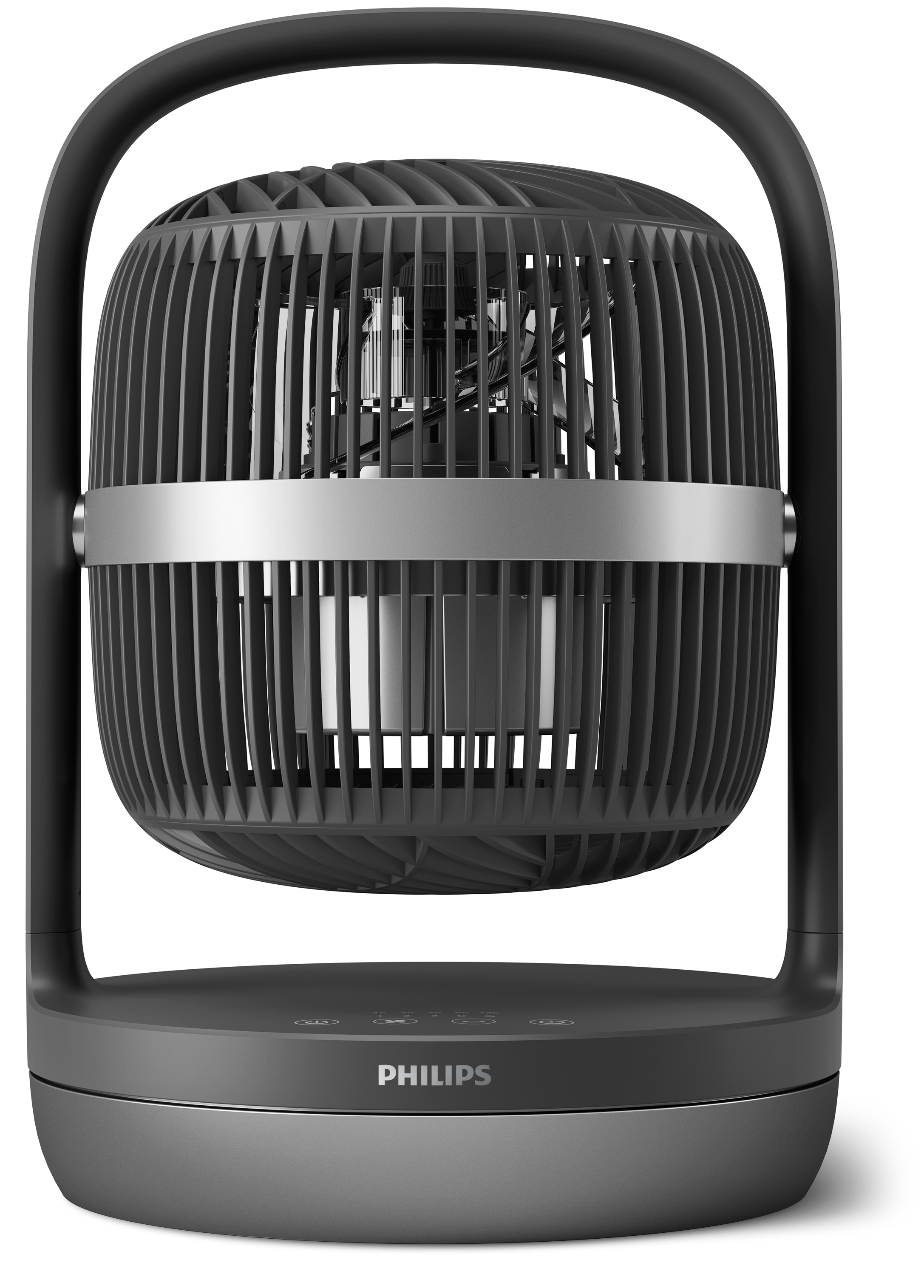 Egy sötétszürke Philips ventilátor fogantyúval, ráccsal és talppal, fekete háttérrel.
