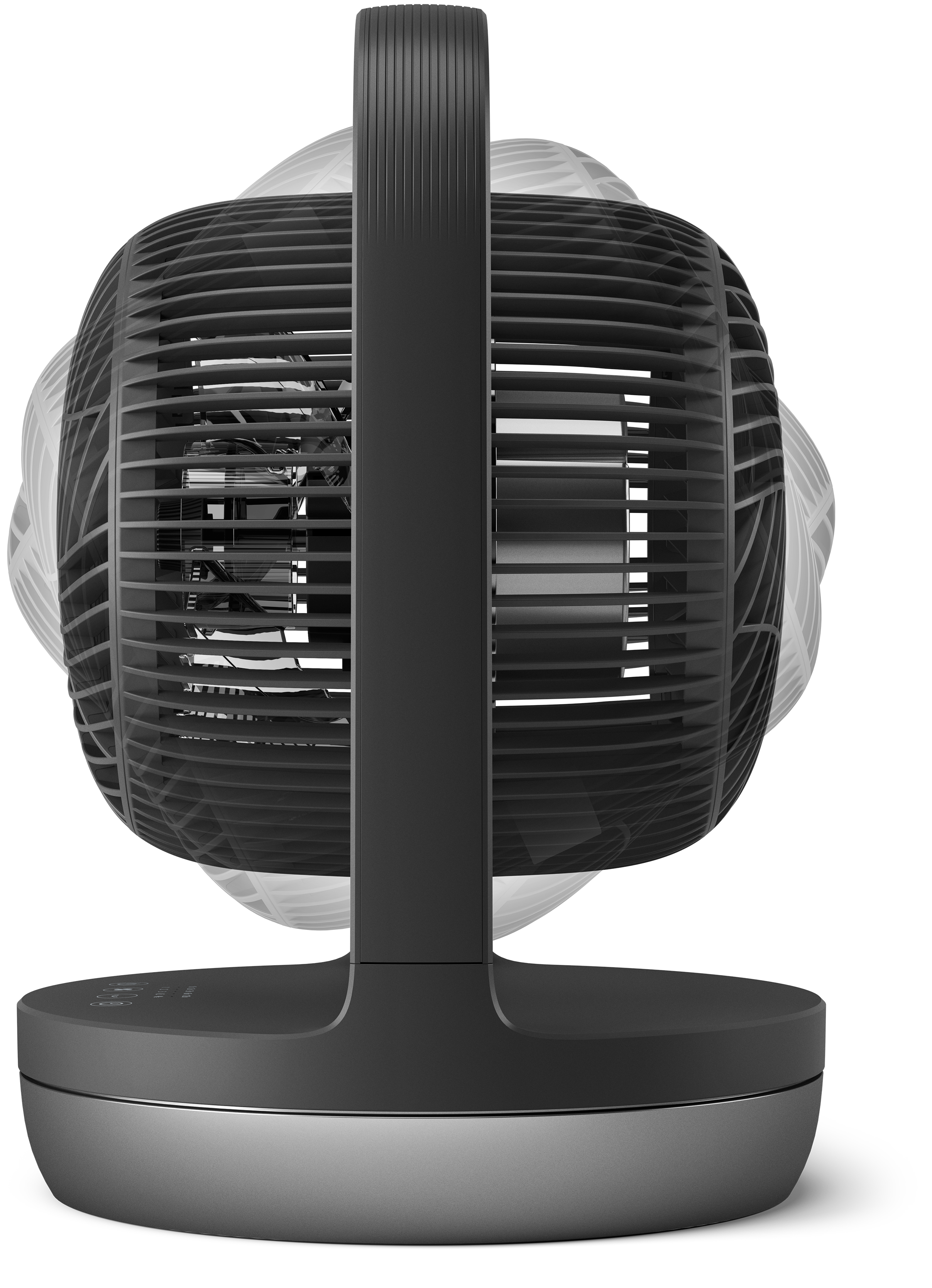 Fekete-szürke gömbventilátor fogantyúval, kerek alapon.