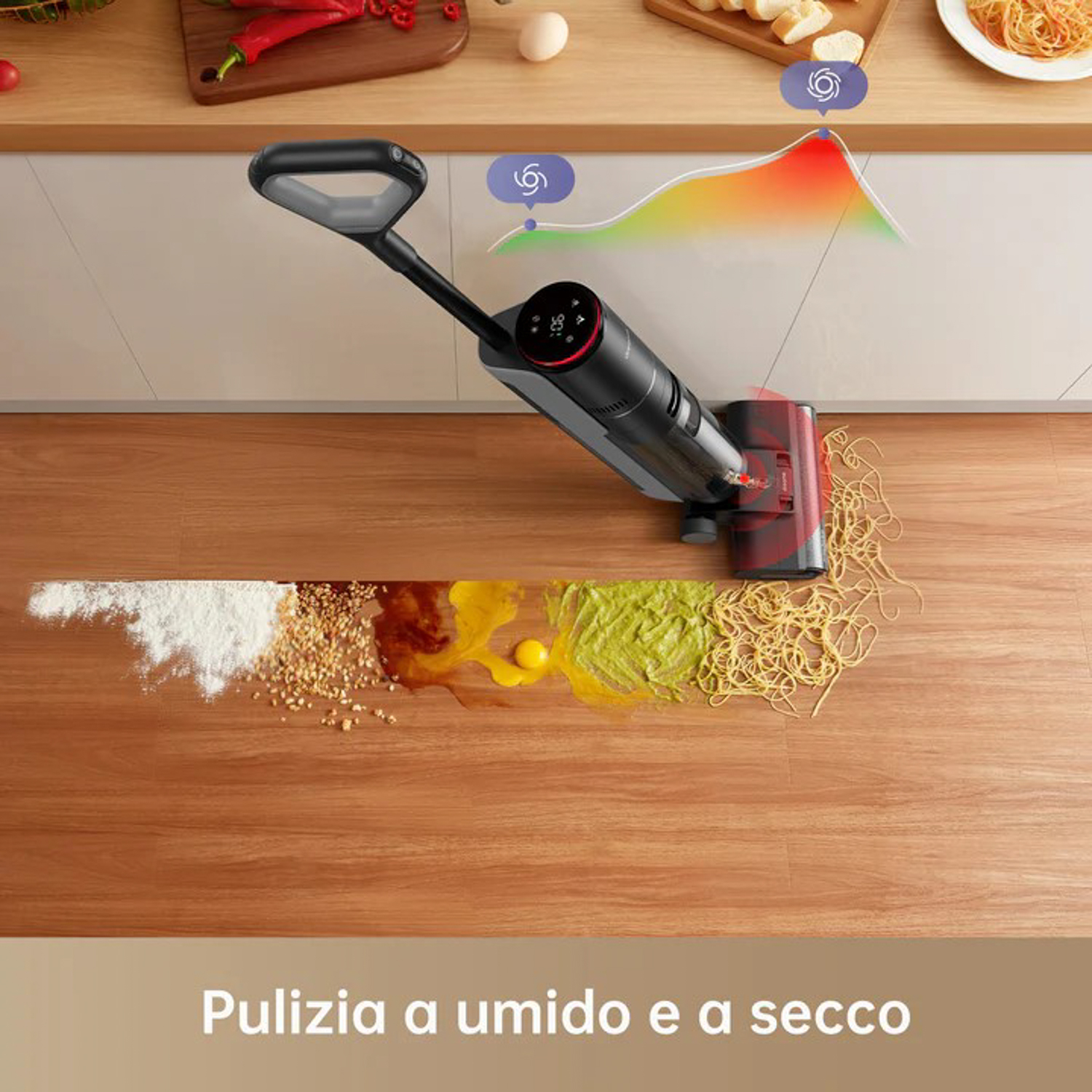 Un aspirapolvere che pulisce un pavimento in legno con cibo sparso.