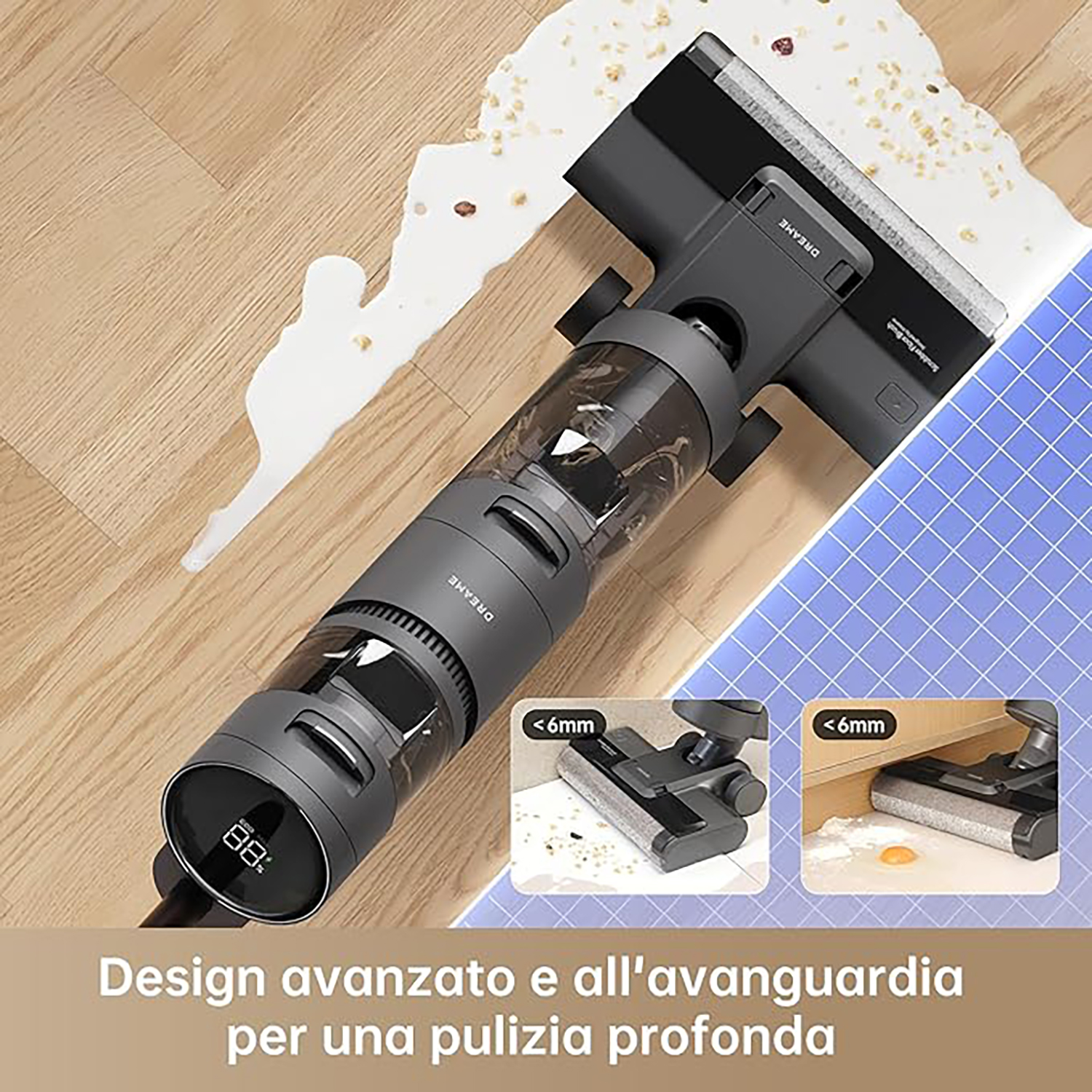Aspirapolvere, grigio, versamenti bagnati su un pavimento in legno.