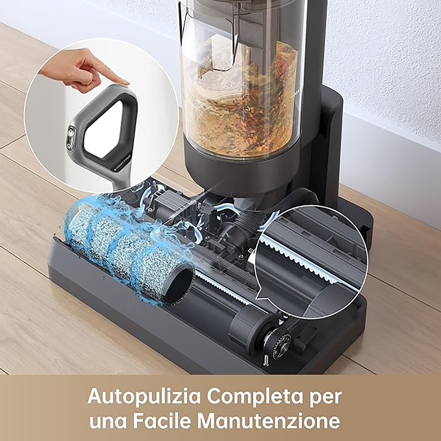 Un robot per la pulizia mostra il suo meccanismo autopulente.
