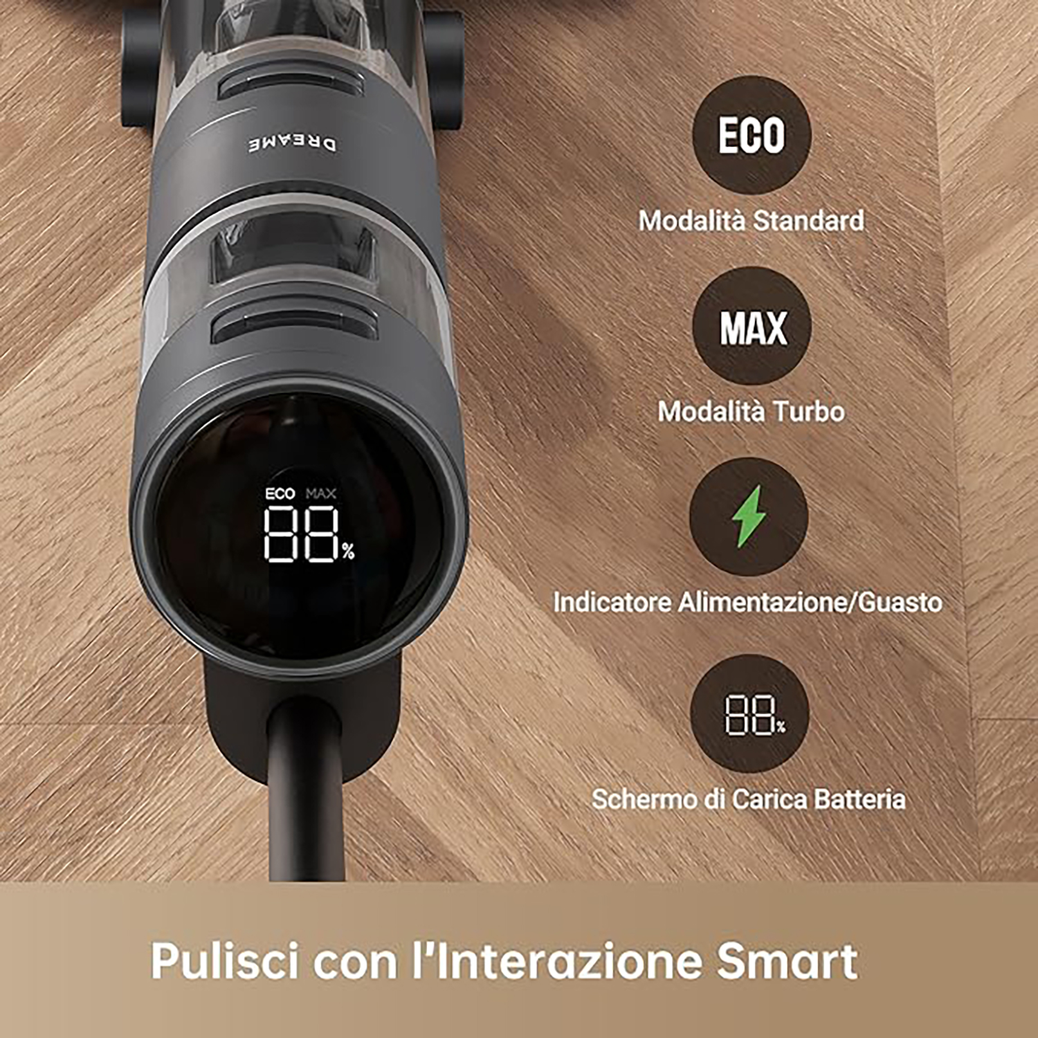 Aspirapolvere con display che mostra livelli di potenza e opzioni di modalità.