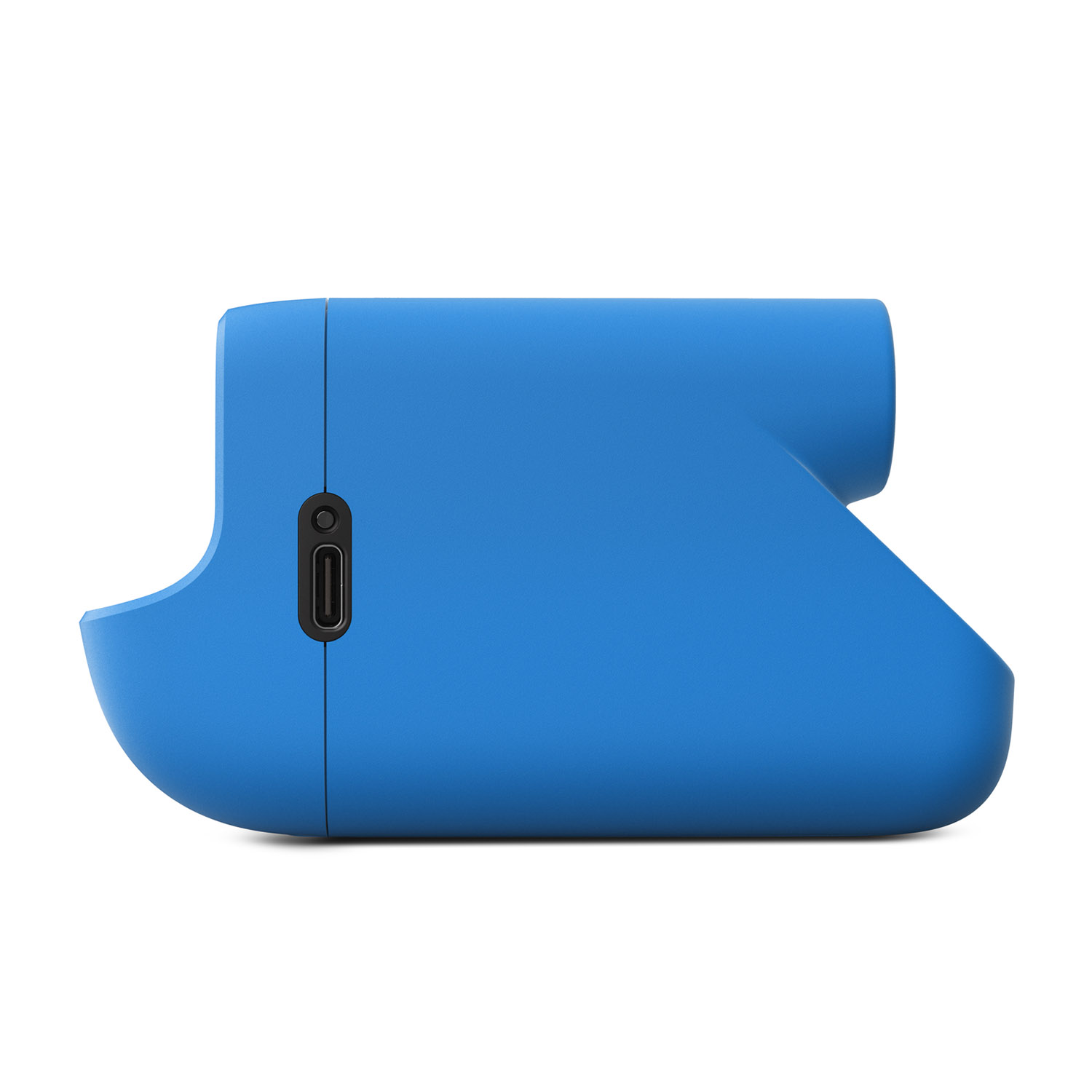 Dispositivo blu arrotondato con porta di ricarica, vista laterale, su sfondo bianco.