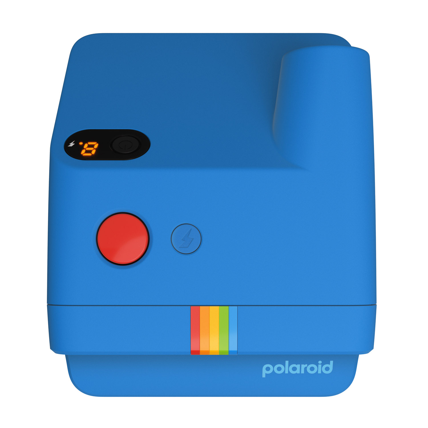 Fotocamera Polaroid blu con pulsante rosso, striscia arcobaleno e display digitale.