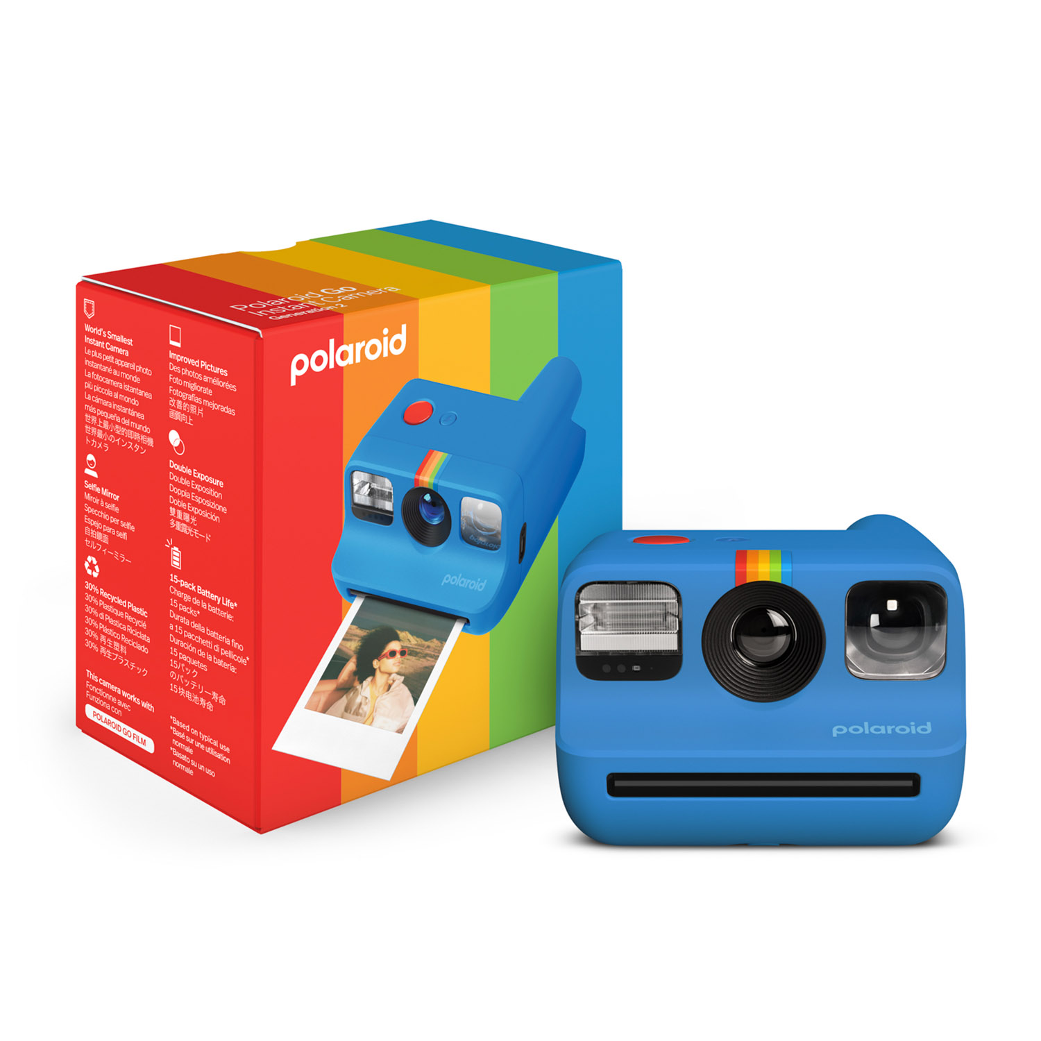 Fotocamera Polaroid blu con striscia arcobaleno. Scatola e foto visibili.
