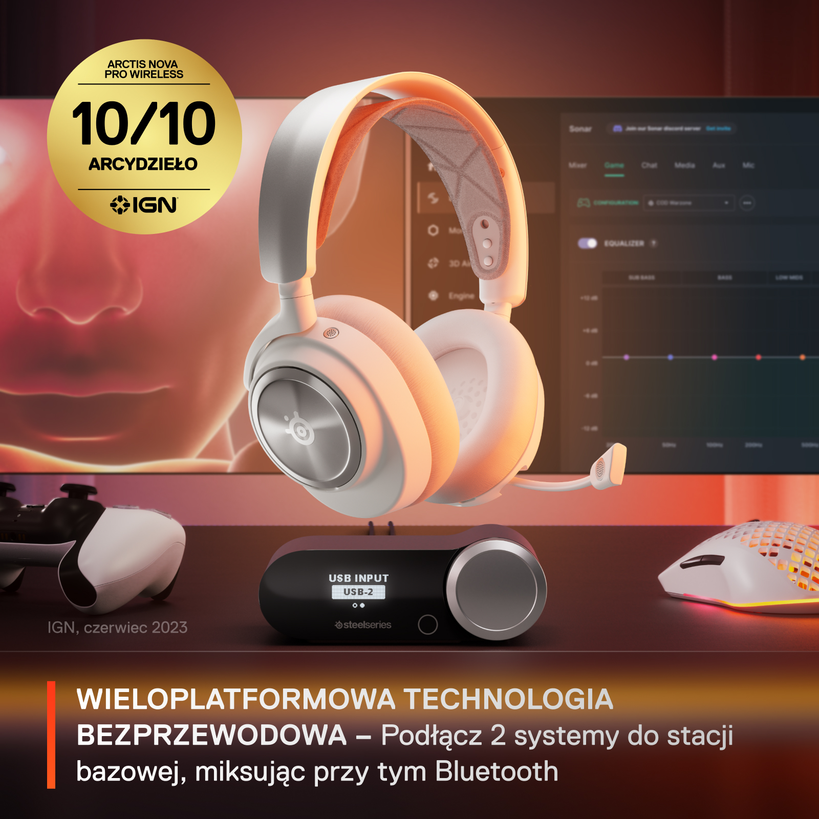 Białe i szare słuchawki ze stacją bazową, kontrolerem i myszką.