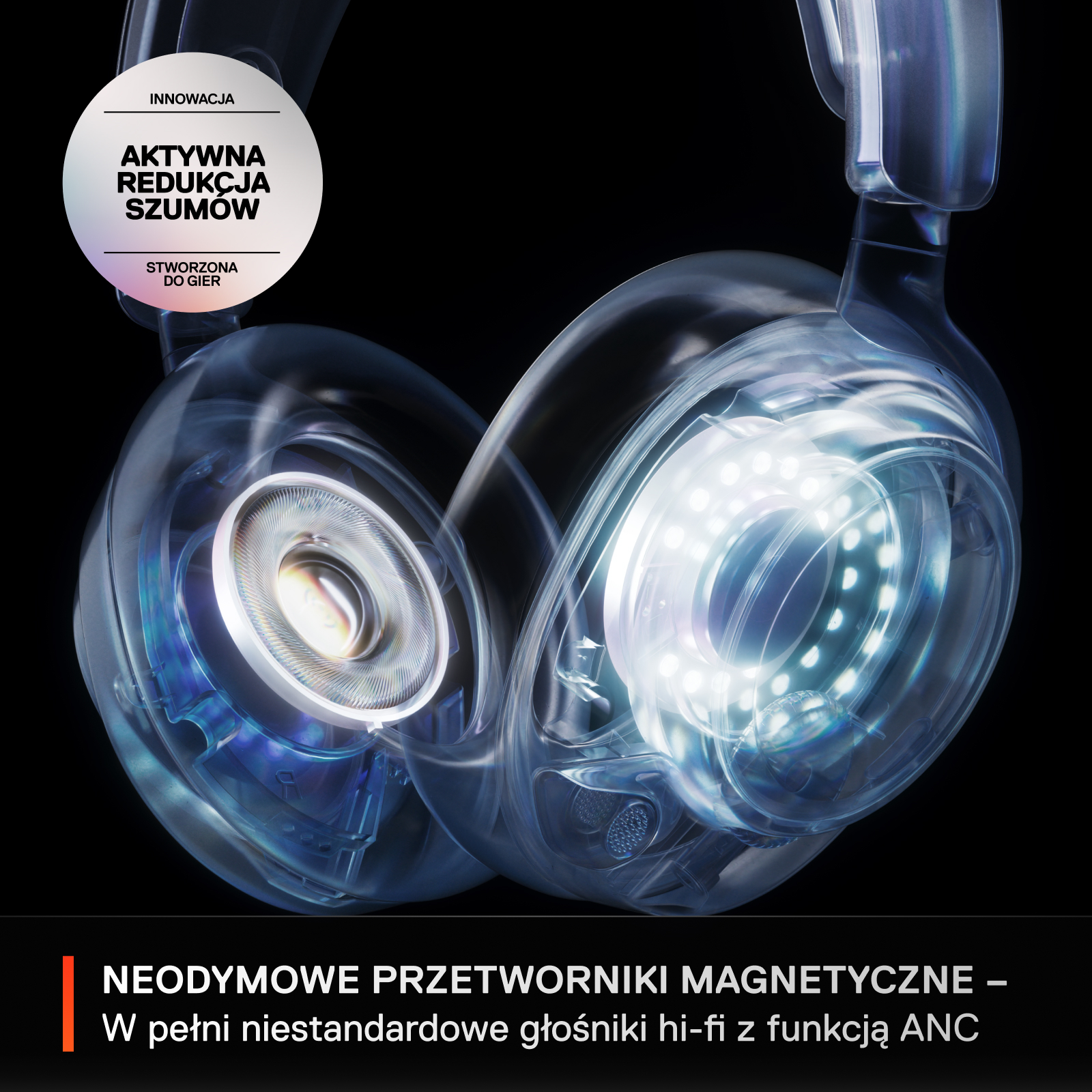 Słuchawki z świecącymi detalami wewnętrznymi i etykietą. Tekst brzmi 'Aktywna redukcja szumów'.
