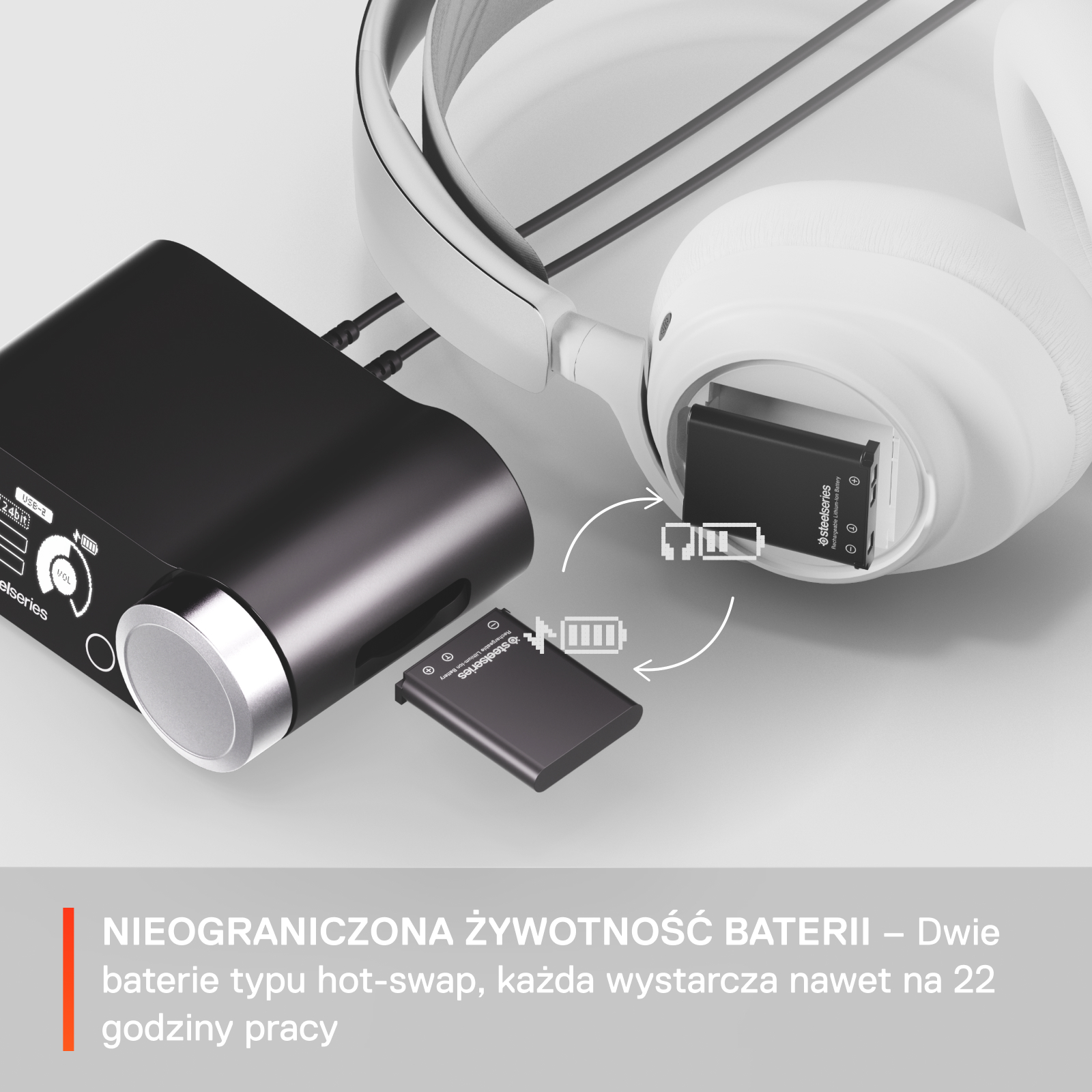 Słuchawki z czarnym akumulatorem na białej powierzchni z tekstem po węgiersku.