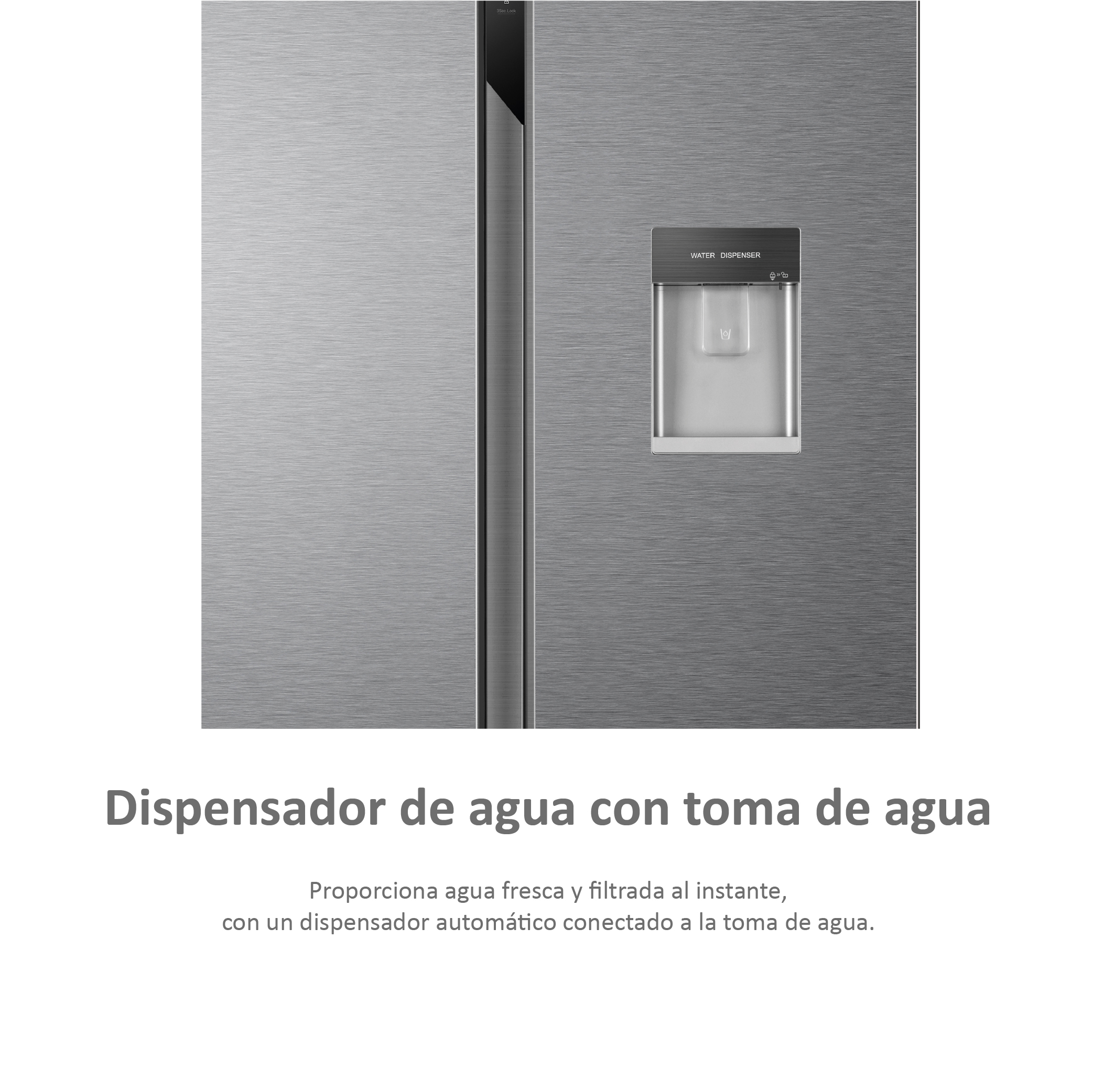 Primer plano de un refrigerador de acero inoxidable con dispensador de agua. Texto abajo.