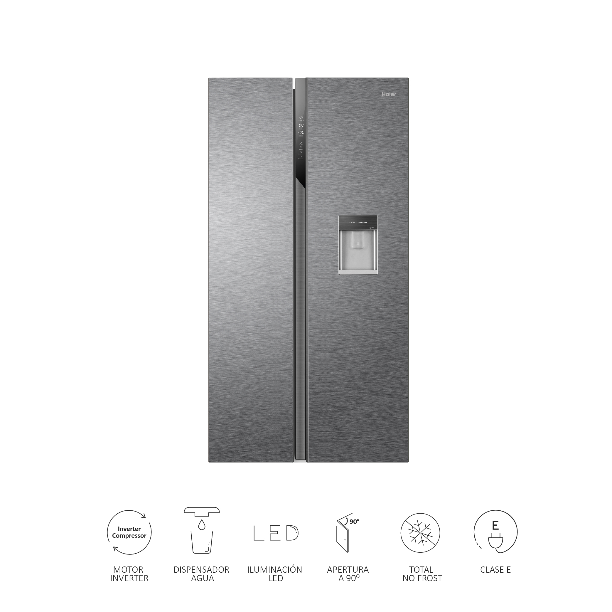 Frigorífico Haier de acero inoxidable con dispensador de agua. Iconos muestran LED, sin escarcha y clase E.