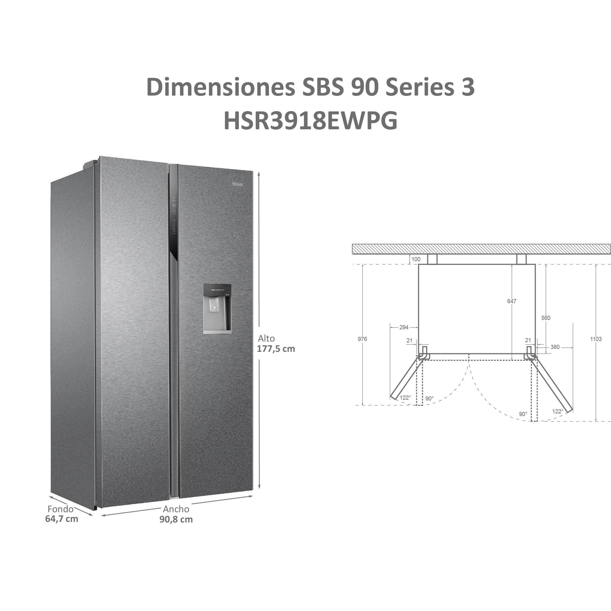 Refrigerador lado a lado con diagrama de dimensiones y detalles del producto en español.